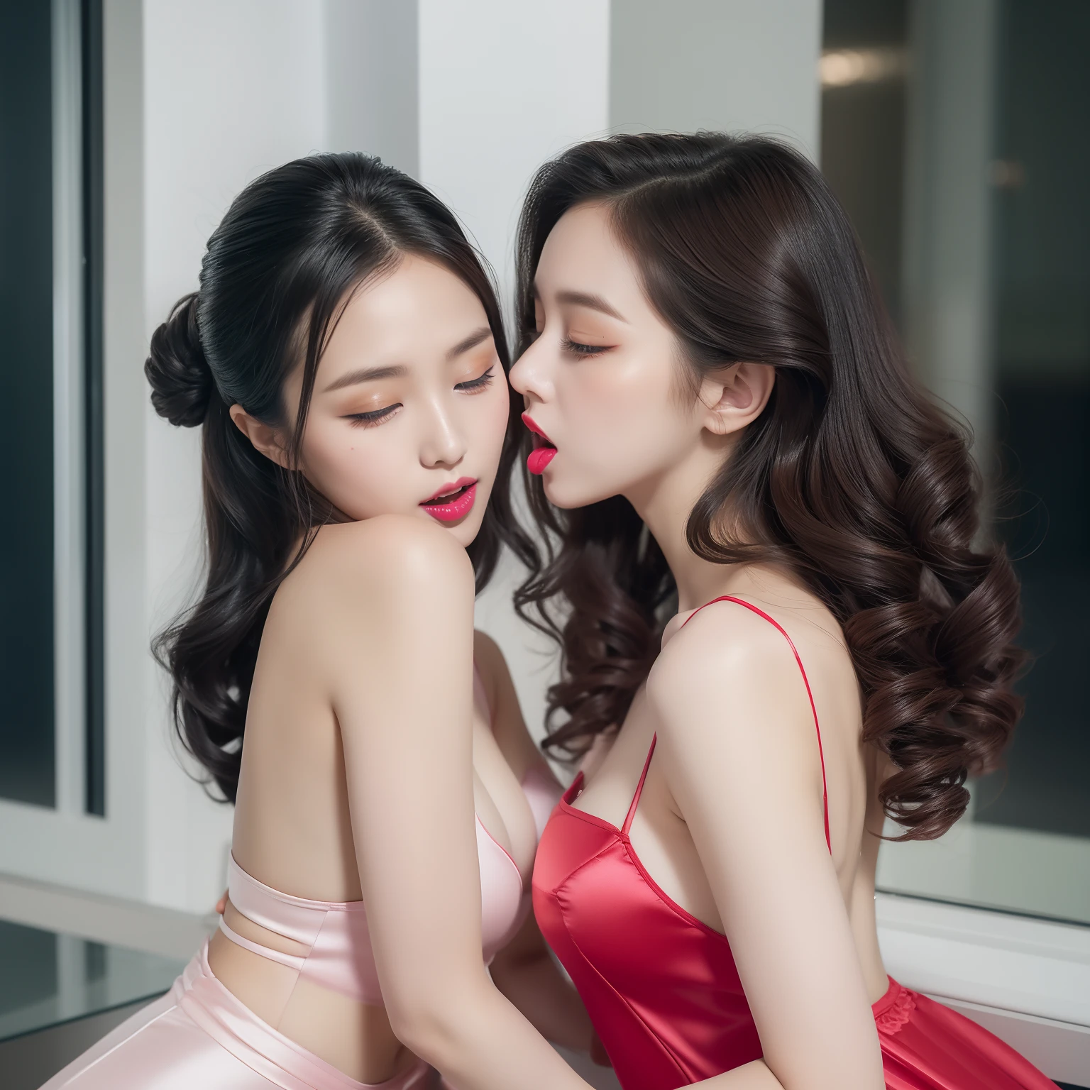 2girls、Yuri、the kiss、red lipsticks、Hands behind your back、Satin Gloss Tube Top、Glossy satin gloves、Satin gloss skirt、Satin Gloss Knee High Socks、long boots、Wet and shiny skin、Korea person、Embarrassing blush、saddened、Bright pink curly hair、Hot kiss、mouth opening、tongue、