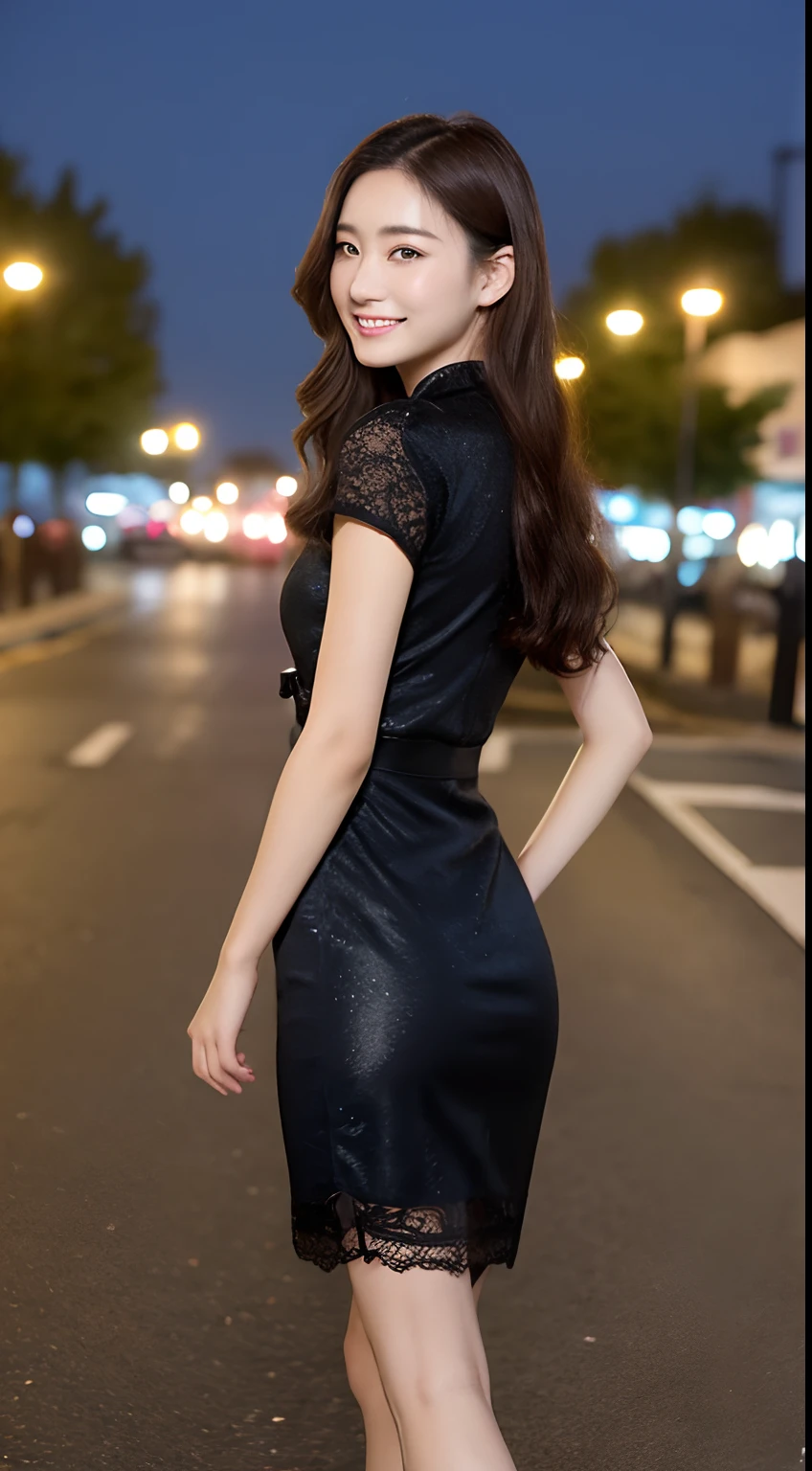Arafed woman in a black dress standing on a street at night - SeaArt AI
