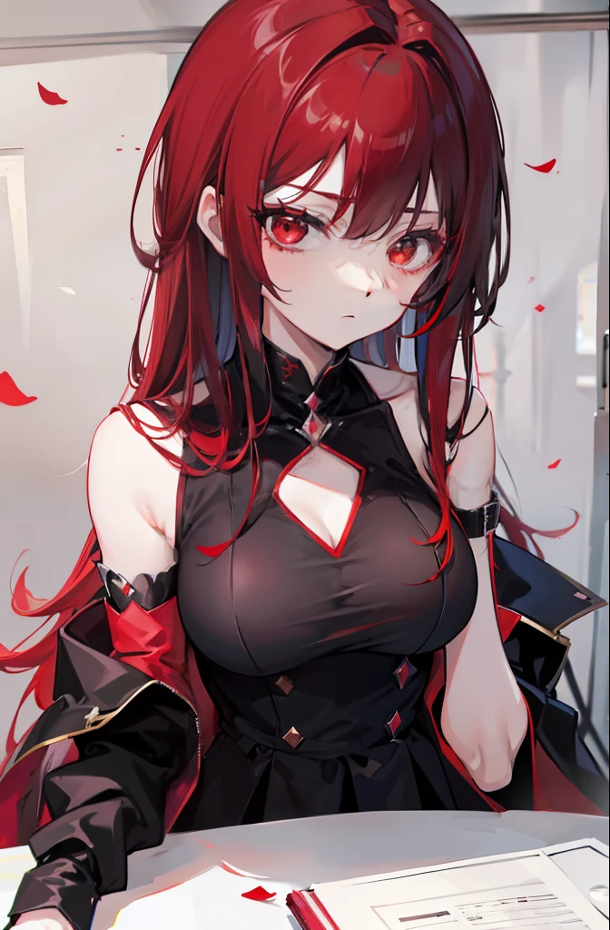 a beautiful girl with long red hair wearing a black dress, detailed facial features, bob haircut, full body illustration, woman wearing a long black and red coat, solo character, white background, anime style, highly detailed, photorealistic, 8k, best quality, masterpiece, blue eyes, short hair