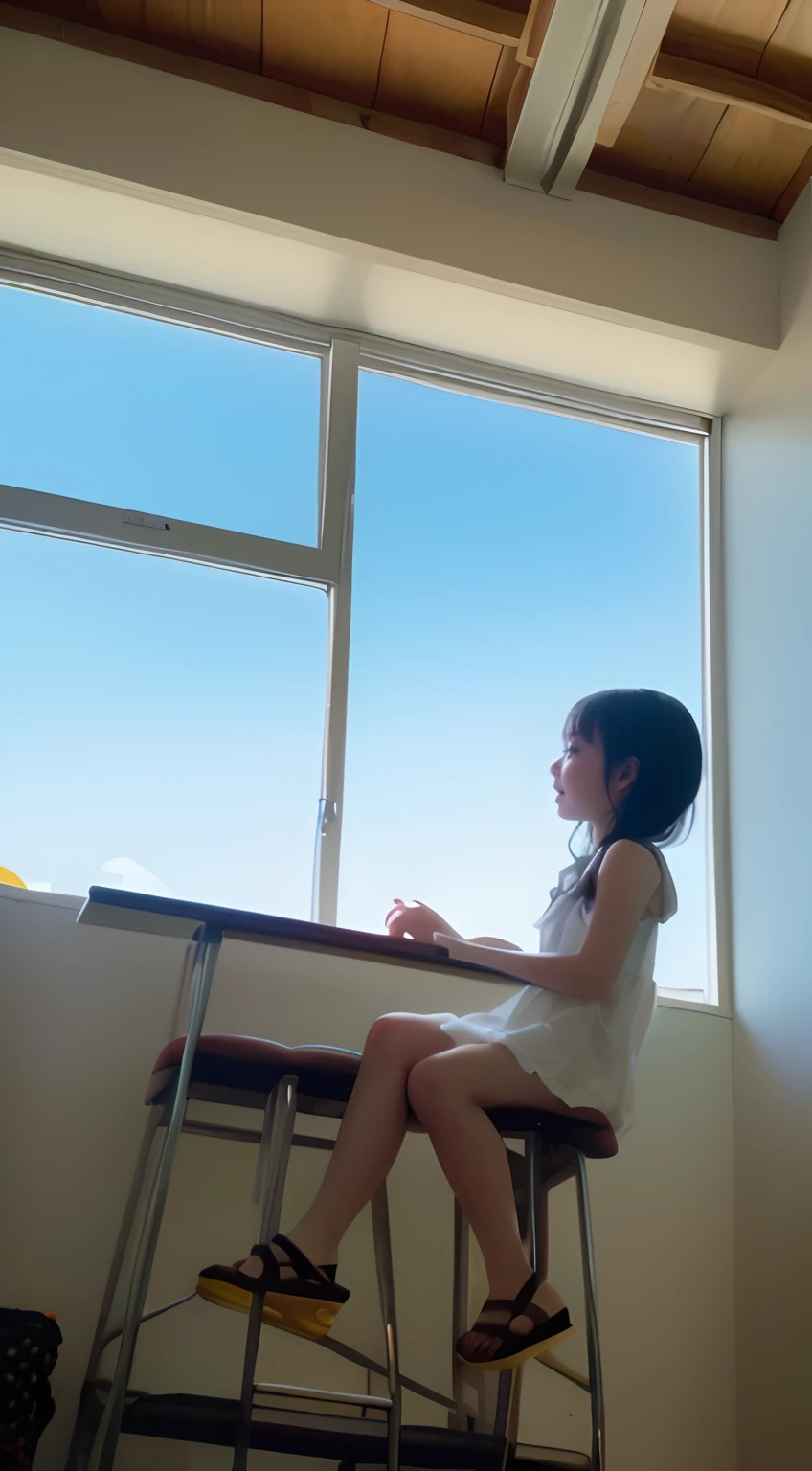  on top，Looking down，from below，White light panties，Flat sandals，sitting on the classroom desk，Crotch view，Mocking expressions，Smiling，White light bandeau，Large angle upward view，Sky background or ceiling background