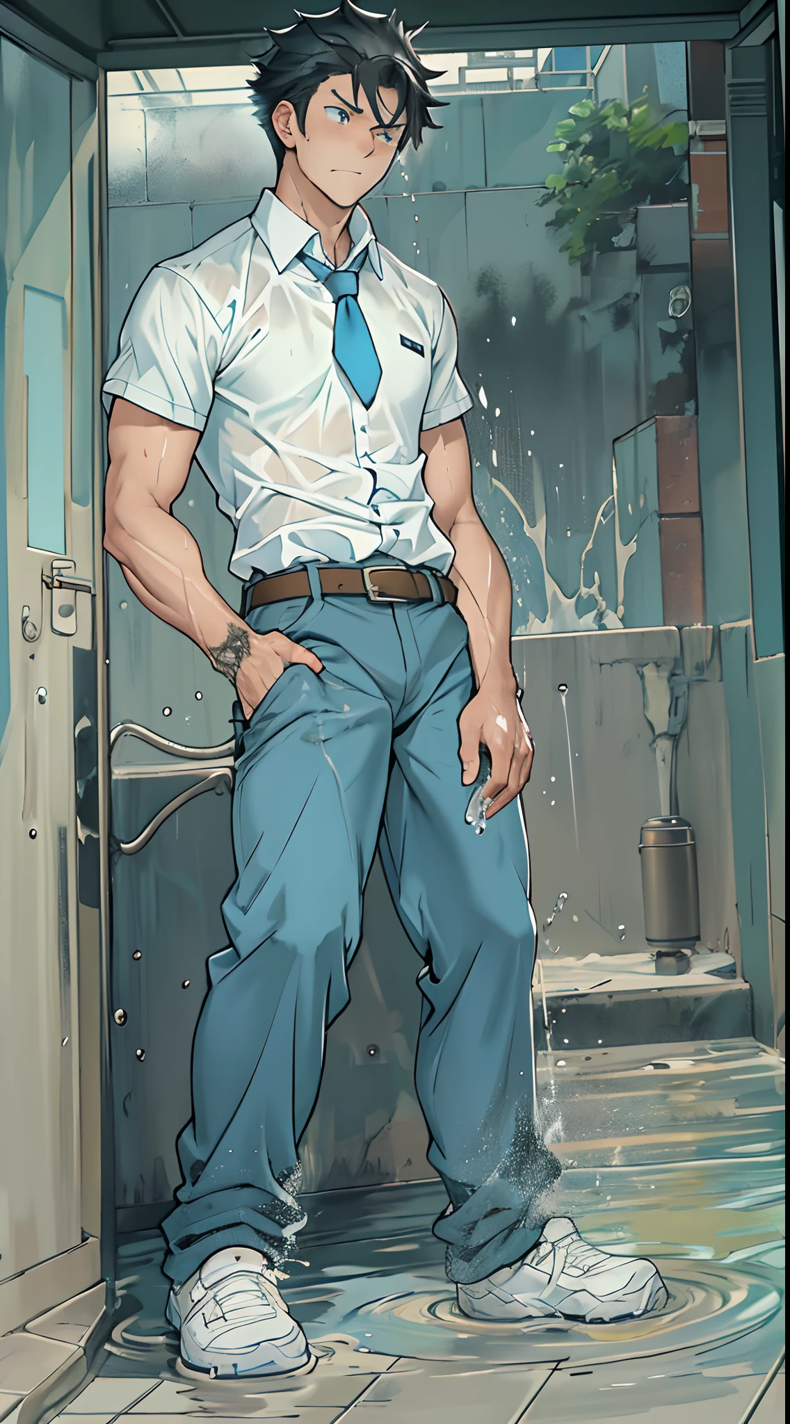 (1 Adult male),A high resolution, Sharp focus, Pixiv masterpiece, ((Complicated details)), highly detailed, natsuki_subaru, 1 man,perfect male figure,Urine on the trouser leg, Nervously bow your head,is shy,embarressed,exhilarated,is shocked,panicking,worry,A pool of urine formed around him,Very eager to pee,Unbearable,Wet yourself,Urine discharge,full bodyesbian,sit astride,Tired,decadent, blue color eyes(eyes glowing), Black hair short hair,white shirt,Wear a tie,Wear a belt,trousers,perspire,Drenched,Get wet,pissing,urine flows down the pants,look from down