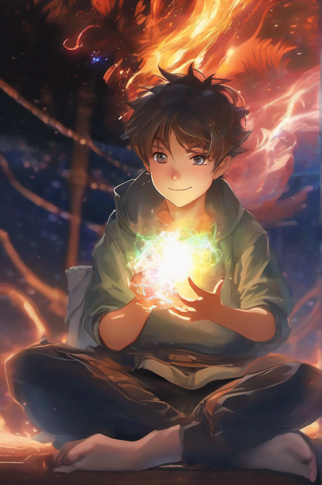 anime,1 boy Concentrating multicolored fireball in hands, vortex, Particles, (sitting), fantasy environment, (((laughing))), intricate details, perfect features, dramatic, Cinematic lighting, accent lighting, SSAA, smooth rendering, No noise --testp --with 2:3 --video --no lazy prompts