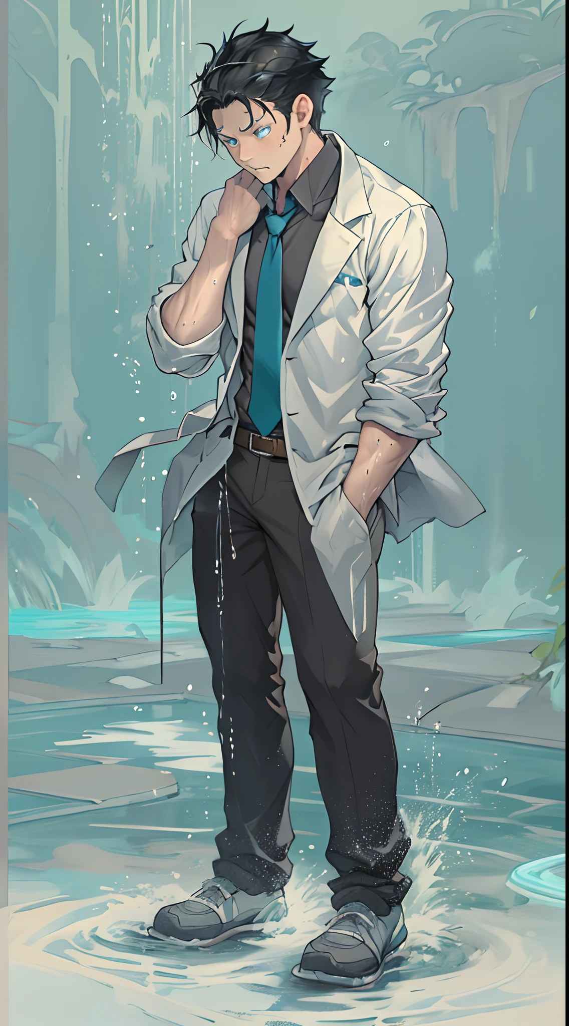 (1 Adult male),A high resolution, Sharp focus, Pixiv masterpiece, ((Complicated details)), highly detailed, natsuki_subaru, 1 man,perfect male figure,Urine on the trouser leg, Nervously bow your head,is shy,embarressed,exhilarated,is shocked,panicking,worry,A pool of urine formed around him,Very eager to pee,Unbearable,Wet yourself,Urine discharge,full bodyesbian,sit astride,Tired,decadent, blue color eyes(eyes glowing), Black hair short hair,white shirt,Wear a tie,Wear a belt,trousers,perspire,Drenched,Get wet,pissing,urine flows down the pants,look from down