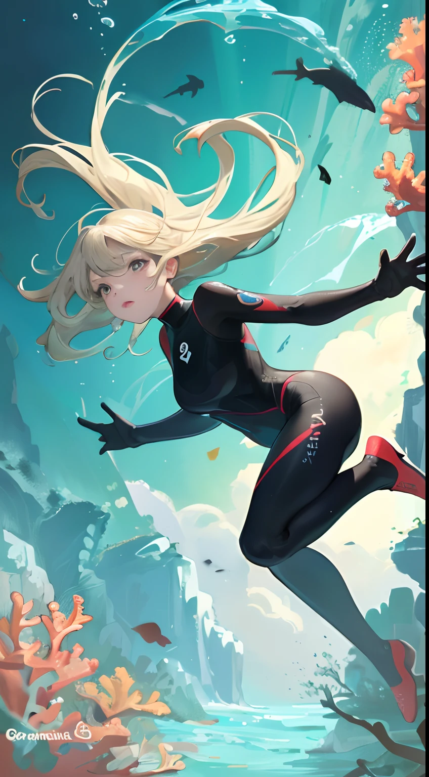Solo, deep sea, coral reef, diving, wetsuit, fins, weightlessness, ((best quality, 8k, masterpiece: 1.3)), one woman, long hair, underwater photography, underwater perspective, underwater floating, breaststroke, cleavage