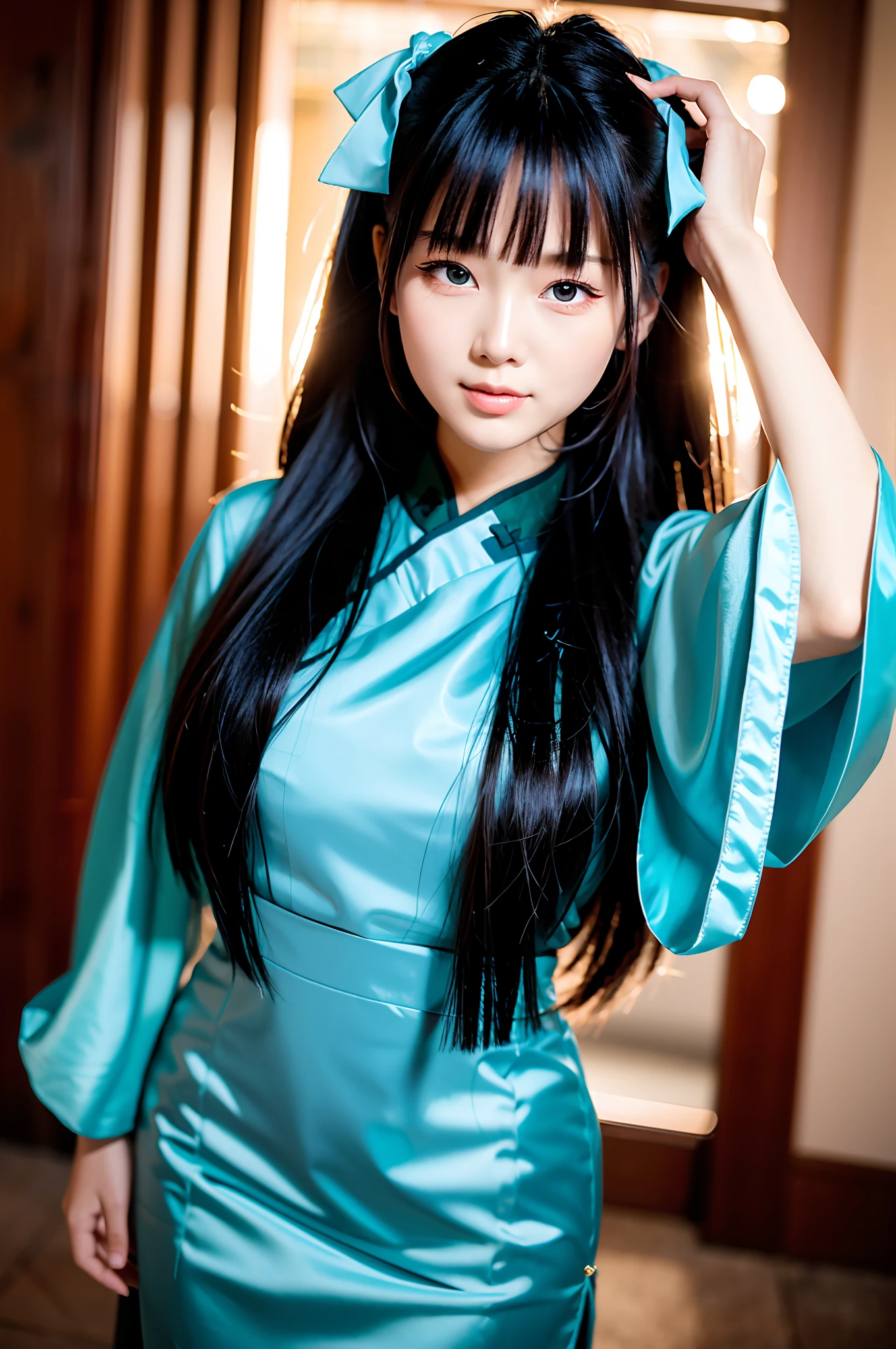 ulzang-6500-v1.1, (original photo: 1.2), (photo realism: 1.4)) best quality, beautiful, beautiful, beautiful, beautiful, extremely detailed, unity, 8k beautiful wallpaper, beautiful details, masterpiece, quality BEST, OFFICIAL ART, VERY DETAILED, VERY RIDICULOUS, HIGH RESOLUTION, BEAUTIFUL, BEAUTIFUL EYES AND FACE DETAIL, CINEMA LIGHTING, 1 GIRL, PERSPECTIVE, LOOKING AT VIEWER, FULL BODY, FULL BODY, OUTDOORS, HANDS In the back, (Hanfu)