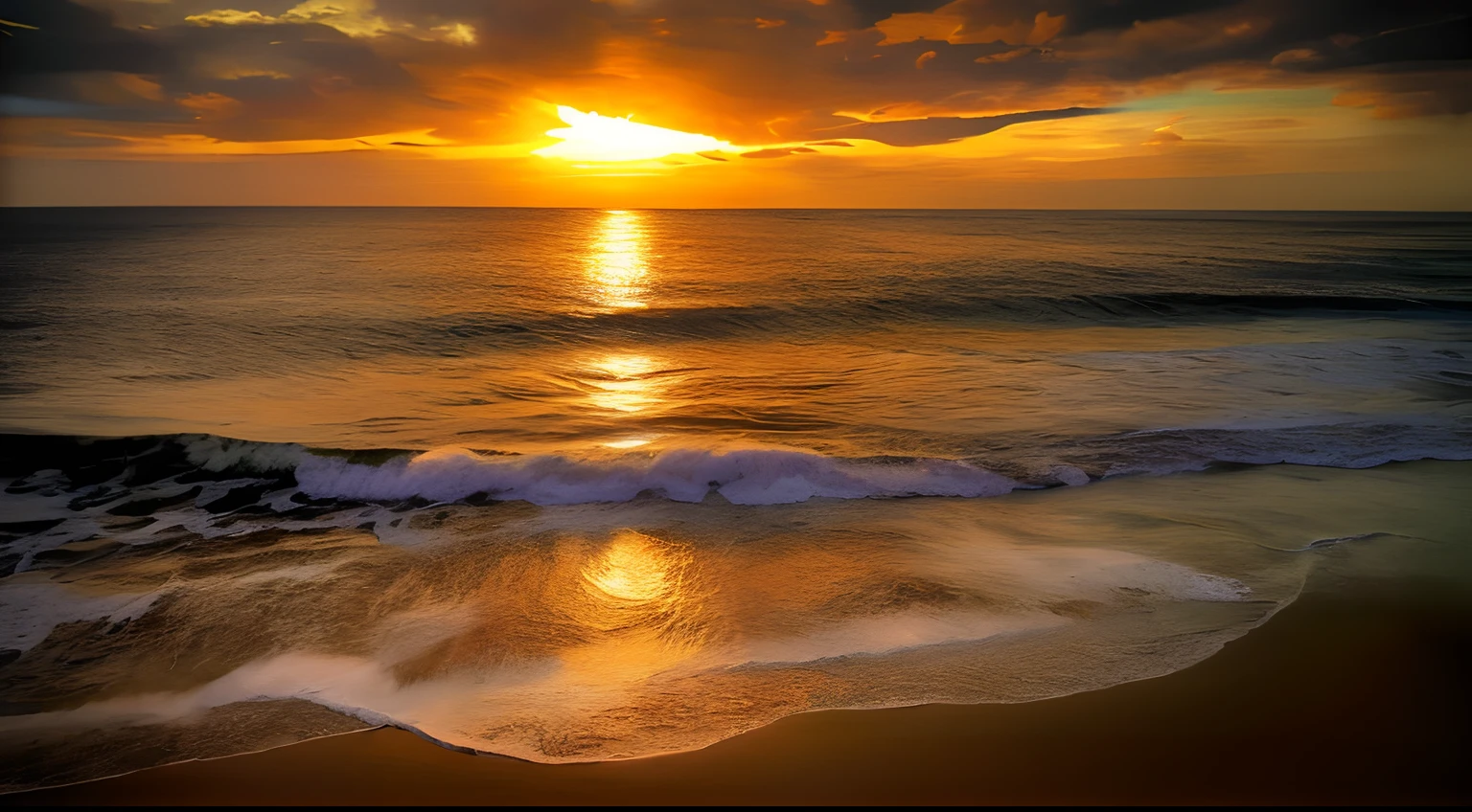 "Aerial view of a sunset over the ocean with waves, Divinely detailed and magnificent painting!"