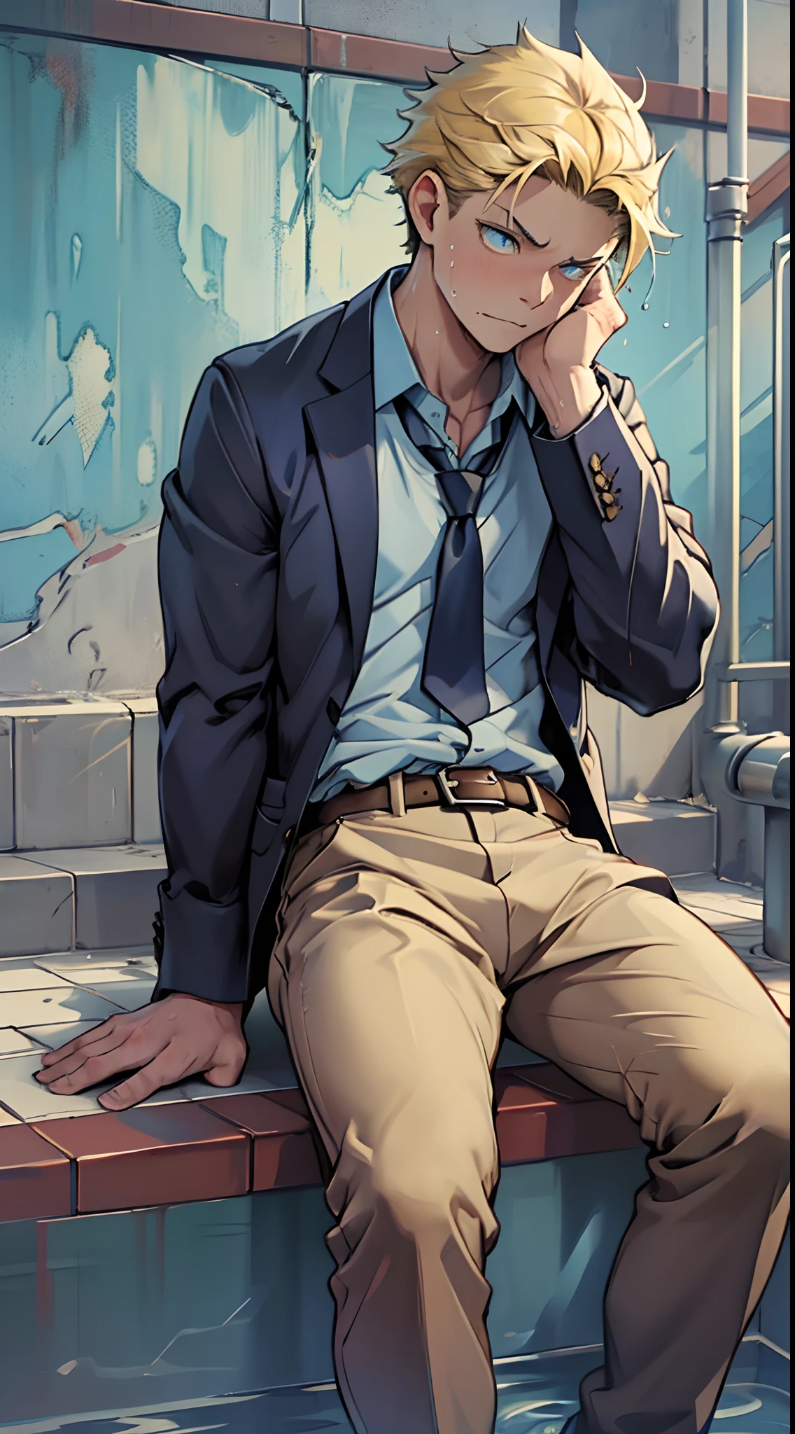 (1 Adult male),A high resolution, Sharp focus, Pixiv masterpiece, ((Complicated details)), highly detailed, natsuki_subaru, 1 man,perfect male figure,Urine on the trouser leg, Nervously bow your head,is shy,embarressed,exhilarated,is shocked,panicking,worry,A pool of urine formed around him,Very eager to pee,Unbearable,Wet yourself,Urine discharge,full bodyesbian,sit astride,Tired,decadent, blue color eyes(eyes glowing), Short yellow hair,white shirt,Wear a tie,Wear a belt,trousers,perspire,Drenched,Get wet,pissing,urine flows down the pants,look from down