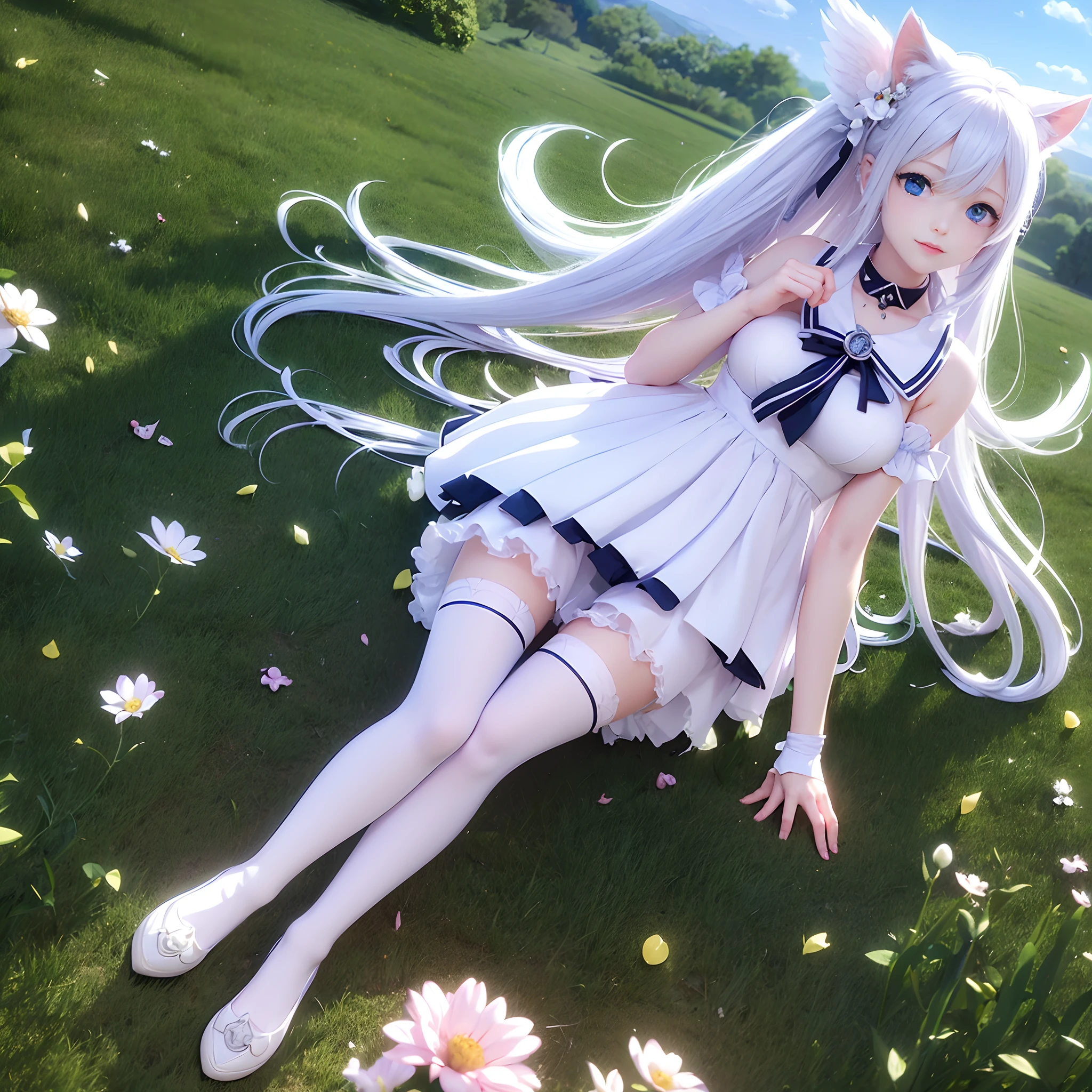 (((masterpiece))), (((best quality))),(extreme CG unity 8k wallpaper),anime, minigirl,cute,kawali,blue eyes,(beautiful detailed eyes),(white long hair):1.2,(white cat ears):1.2,large breast,hair_ornament,(white stockings):1.5, white flowers,choker,collar,(white cat tail):1.5,angel wings,ruins,flowers field,eyeball,(slit pupils):1.5,blush,thigh strap,(halo),ahoge,hair ribbons,primary school uniform,fingersmile,maid,gloves ,floating hair,dynamic angle,,