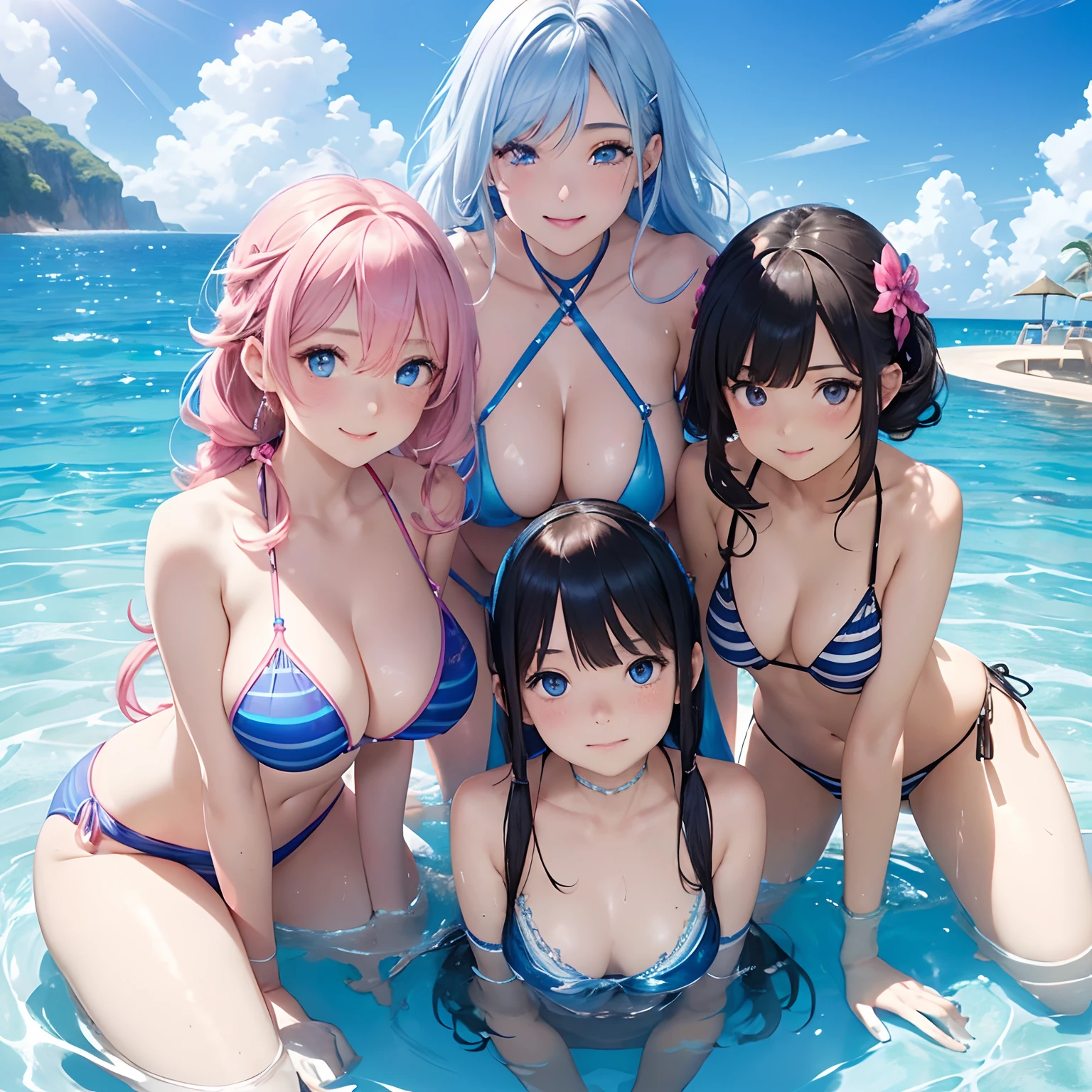 (Masterpiece), (high quality),(absurd-resolution),(ultra-detailed illustration),(((2girls enjoying in pool))),((group shot)),(young, lady,slender),(((ultra-detailed small face))),(black short hair, blue long hair, pink curly hair, silver curly hair , brown long pigtails),((ultra-detailed brilliant big eyes,ultra-intricate pupil in sky blue eyes)),((ultra-detailed radiant silky
Stripe bikini with string sides)) ,((surprised smile, astonished smile,smile with wide opened mouth and eyes)),((focus on breasts)),((blushed)),((squatting)),(incline one's head, enjoying, talking each other), ((rolled up with pink string ribbons)),BREAK,((blue sky, sunshine lighting on face)),((splashed water)),(lens flare),(azure, crystal,bright shimmering, endless ocean),(lens flare),((strong wind)),(rainbow effect),((from below, from bottom)),((group shot)),((silky towel on thigh, heart marks, talking script)),(soaked in sea),((mesmerizing big eyes, large pupil, vibrant iris, intricate details)), ((sparkling reflection eyes)),