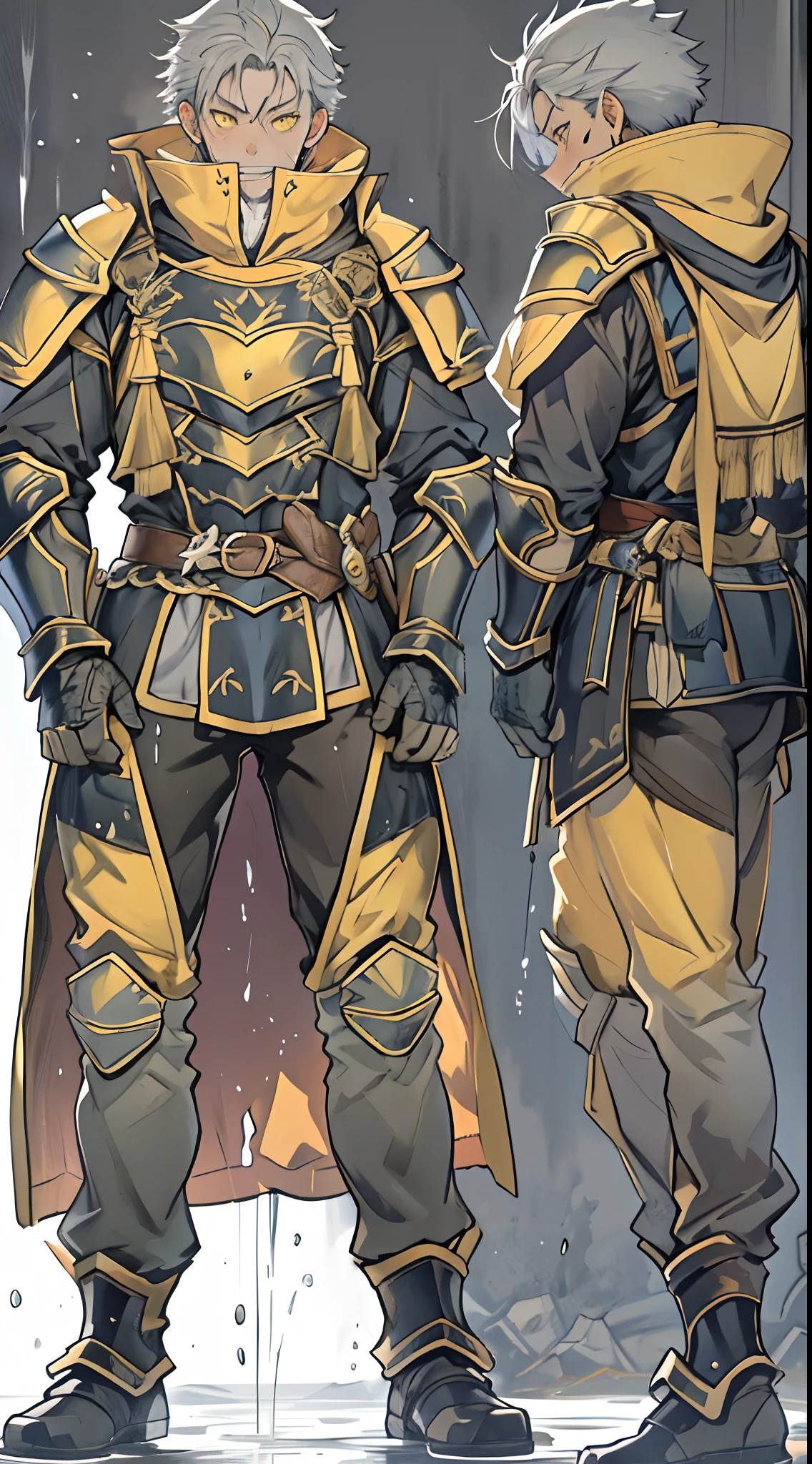 (1 Adult male),A high resolution, Sharp focus, Pixiv masterpiece, ((Complicated details)), highly detailed, natsuki_subaru, 1 man,Wear tight combat uniforms,Wear armor,perfect male figure,Urine on the trouser leg, Nervously bow your head,is shy,embarressed,exhilarated,is shocked,panicking,worry,A pool of urine formed around him,Very eager to pee,Unbearable,Wet yourself,Urine discharge,full bodyesbian,sit astride,Tired,decadent, Yellow eyes(eyes glowing), Short gray hair,Armour,Tie a belt,Cloaked,Cloak,Shoulder armor,perspire,Drenched,Get wet,pissing,urine flows down the pants,look from down