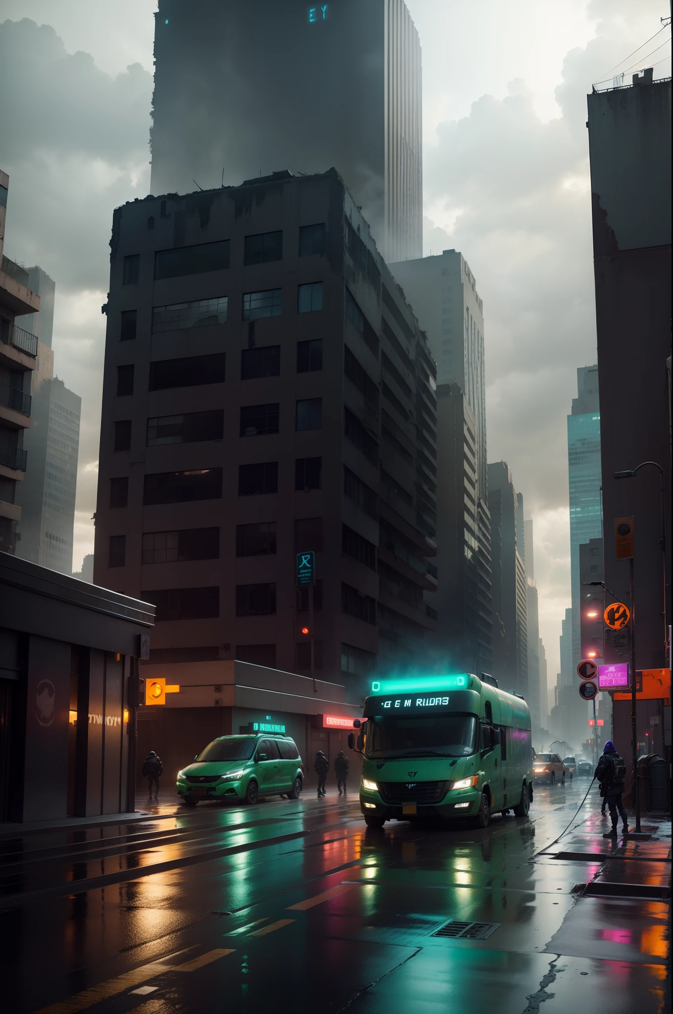 Calles de Nueva York Dystopian y en Ruinas, mucho Vapor y edificios futuristas destruidos, bajo la lluvia, Light is reflected from signs and lights of larha exhibition type vehicles, en tonos azules, violetas y verdes, en hiperrealismo, 8k.