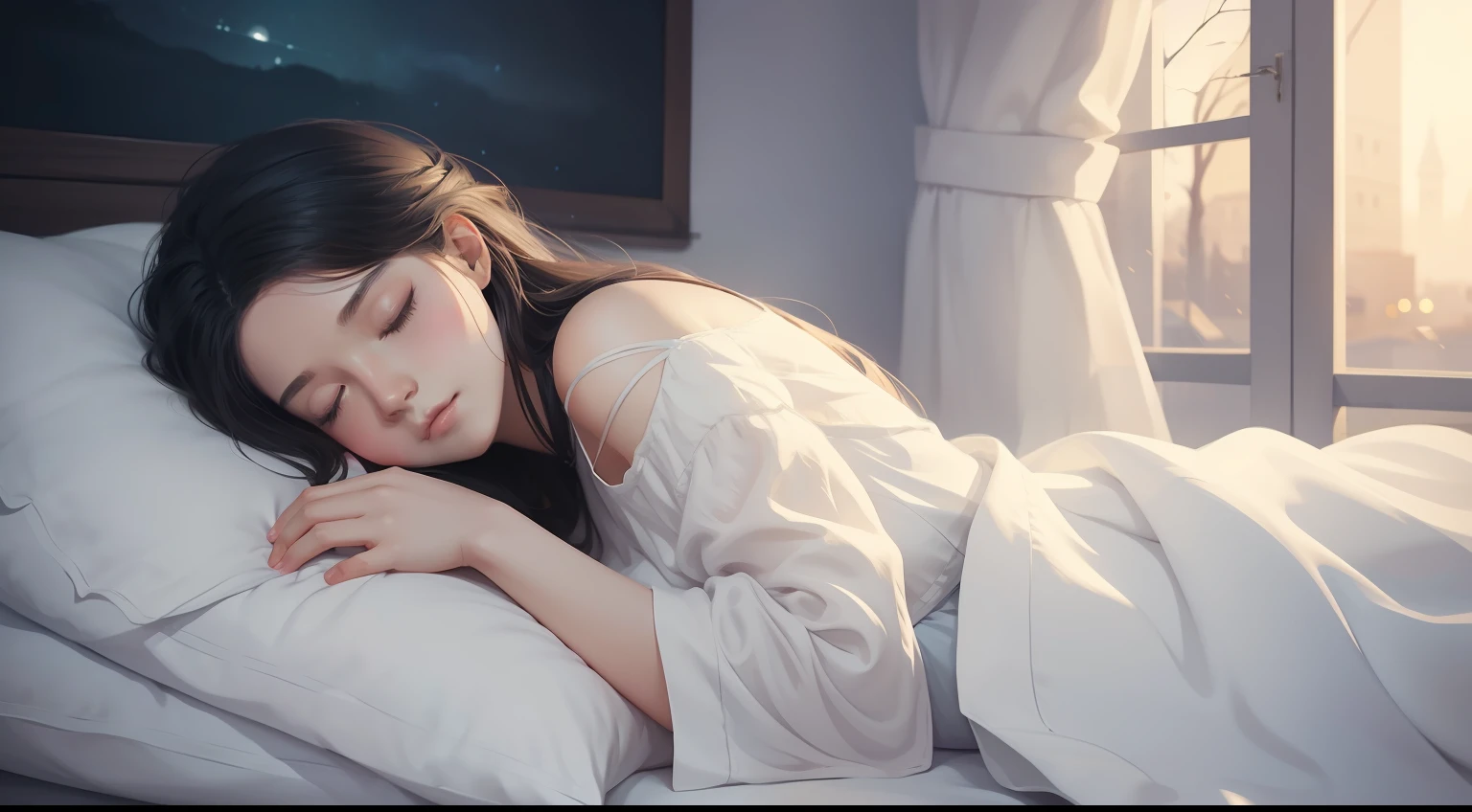 There is a woman sleeping in a bed with a white sheet, soft digital painting, soft illustration, artwork in the style of guweiz, serene illustration, blurry and dreamy illustration, calm night. digital illustration, realistic cute girl painting, realistic digital painting, painted in painter studio, realistic illustration, realistic artstyle, dreamy illustration, adorable digital painting