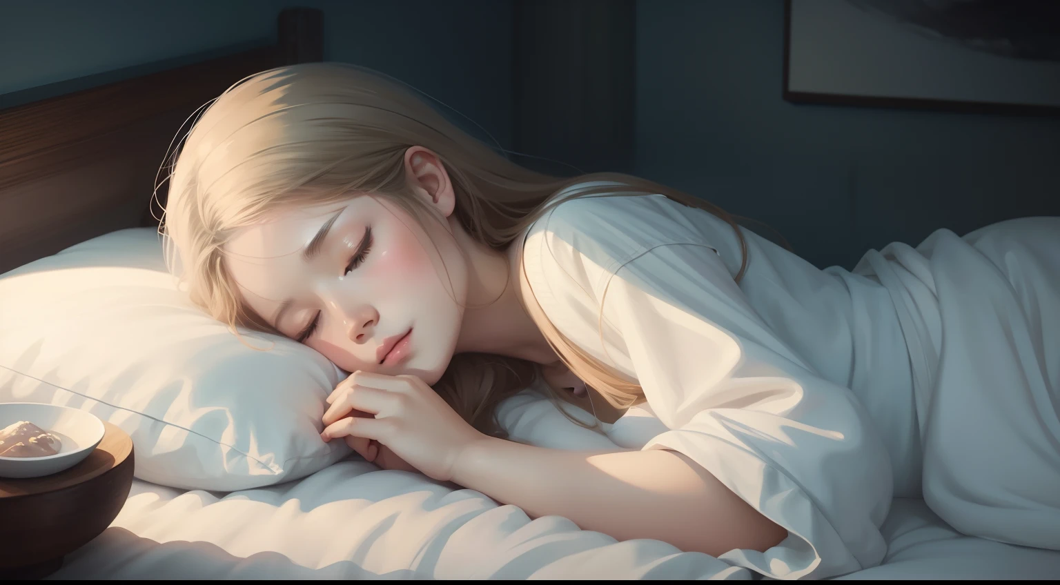 There is a woman sleeping in a bed with a white sheet, soft digital painting, soft illustration, artwork in the style of guweiz, serene illustration, blurry and dreamy illustration, calm night. digital illustration, realistic cute girl painting, realistic digital painting, painted in painter studio, realistic illustration, realistic artstyle, dreamy illustration, adorable digital painting
