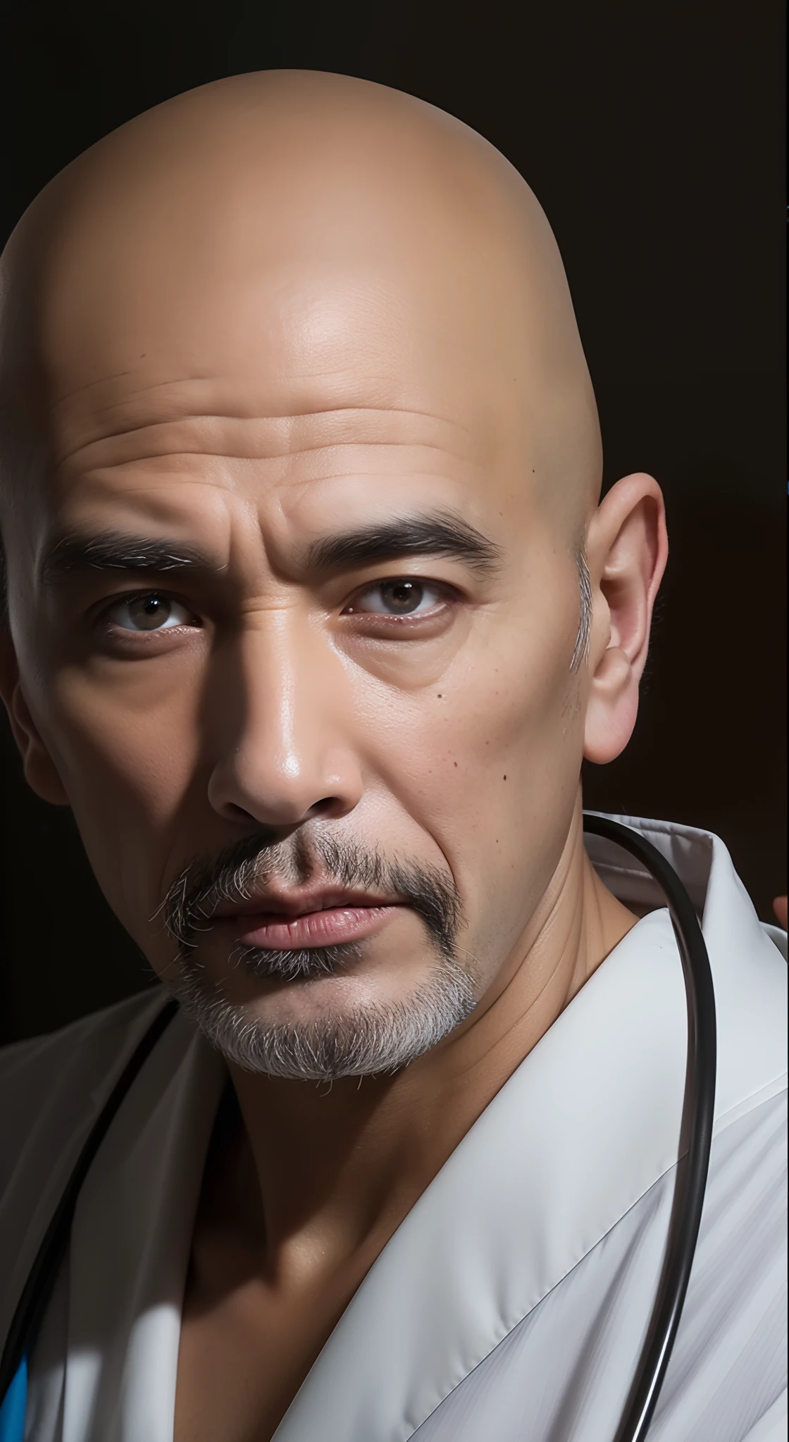4K、RAW photo、Photoreal Stick、A high resolution、((male people) , bald-headed、Swarthy face、dark tanned skin、Nurse、nursing home、Looking at the camera