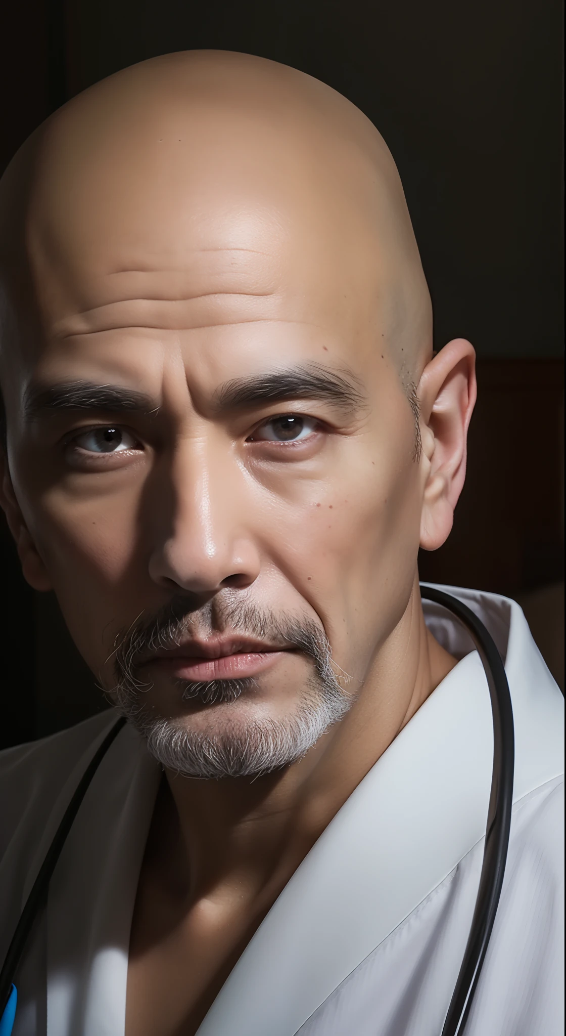 4K、RAW photo、Photoreal Stick、A high resolution、((male people) , bald-headed、Swarthy face、dark tanned skin、Nurse、nursing home、Looking at the camera