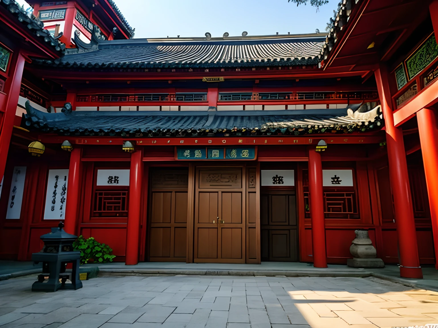 There is a building，There are a lot of decorations on it, up front view, up front view, Front view, Taoist temples and monks, frontage, chinese temple, a middle-shot from front, With a Chinese temple, Chinese style buildings, Temple, A temple, buddhist temple, seen from the front, artwork in the style of z.Show on the. gu, full - view