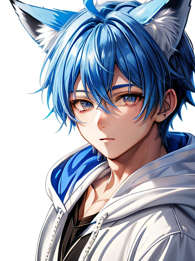 a close up of a boy with a blue hair and blue 90 degrees drooping fox ears wearing a white hoodie, anime style, closeup picture, sprite 2 d, anime vtuber closeup model, full head, upper half body, portrait