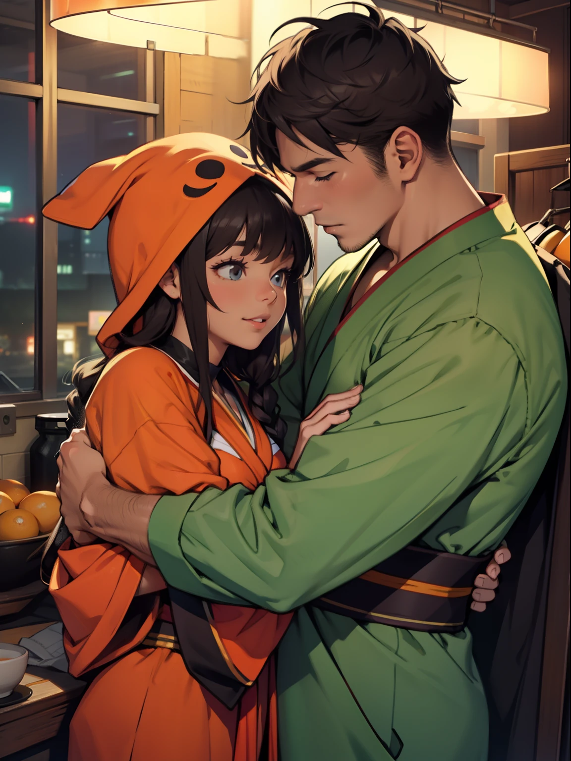 A man and a woman，Snuggle together，Wearing a Tang costume，the night，