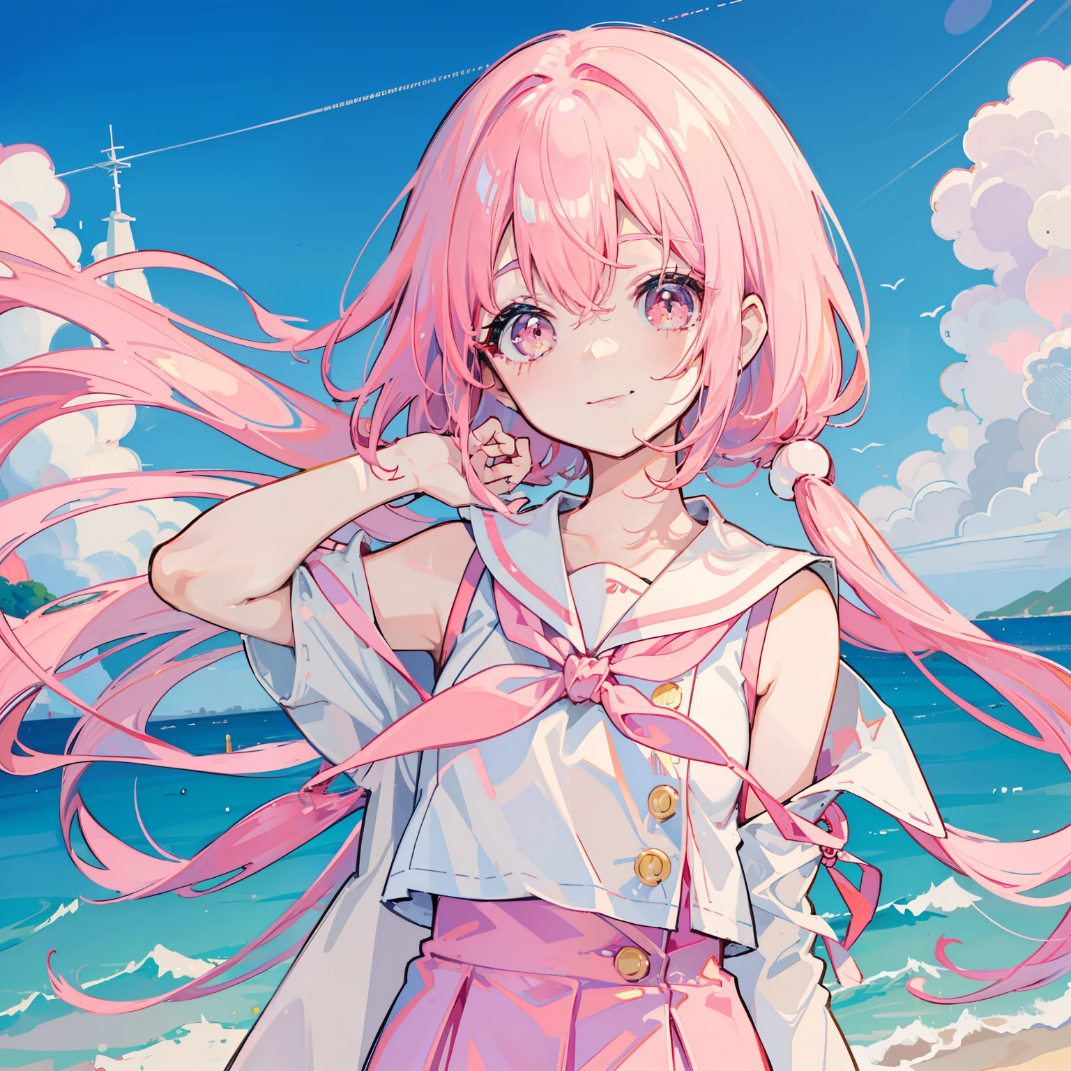 a smile、Pastel pink hair、Long、独奏、looking at the viewers、girl with、a sailor suit、Red sailor suit、Crystal clear white skin