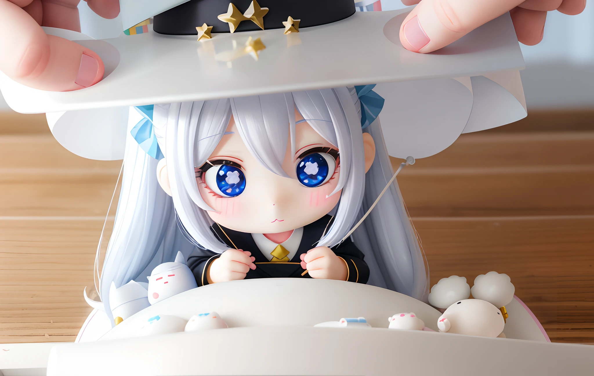 Pop Mart Blind Box IP、Close-up of cute white knight doll、Young One Angel Style、Wearing long, fluent clothes、Lop style、Poseline doll、Little people々。unreal enginee 5、Light 3D/C4D production: 8K HD quality/illuminating/Ultra detailed lens depiction 1.5、flawless、Chibi Background/cinematic。