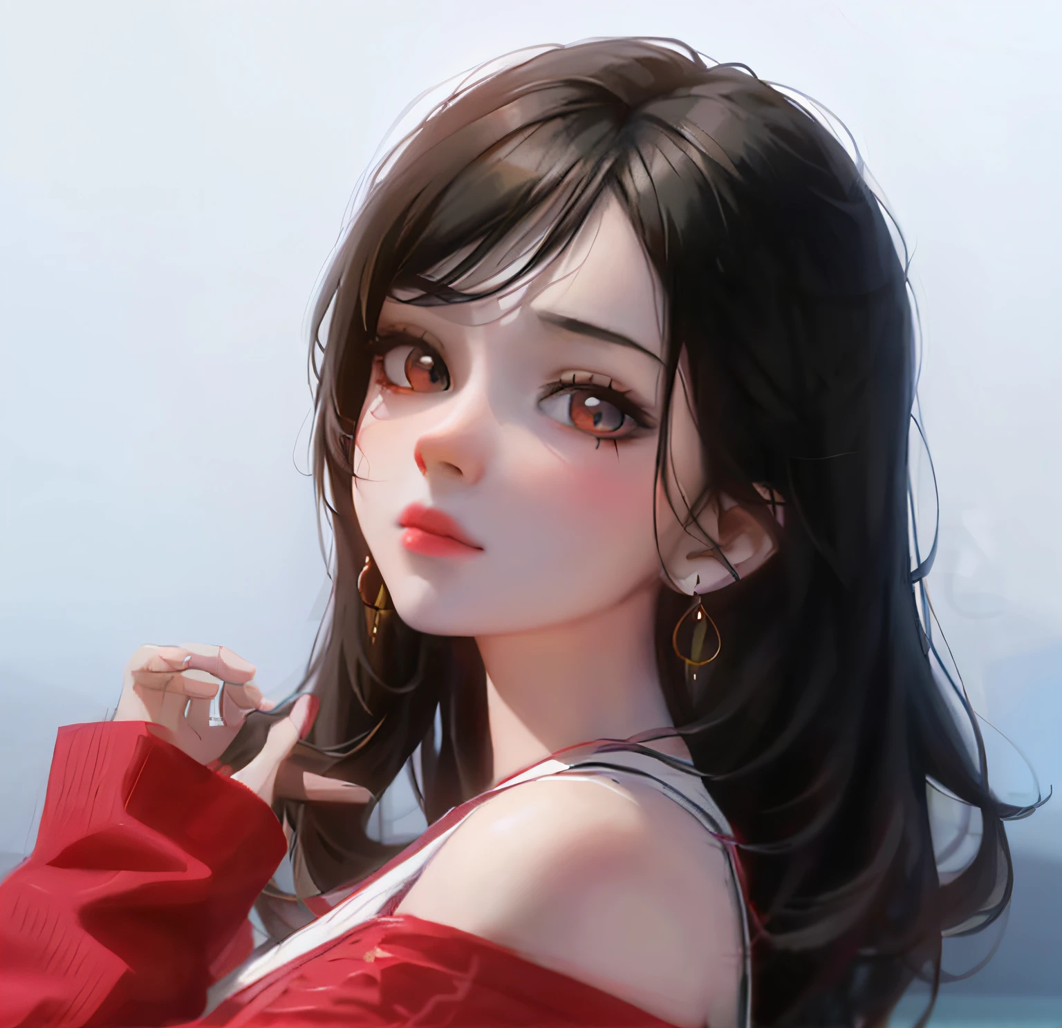 A woman with long black hair wearing a red blouse and earrings, Beautiful anime girl, a beautiful anime portrait, portrait anime girl, attractive anime girls, Anime girl, pretty anime girl, Cute anime girl, Realistic young anime girl, Cute anime girl portrait, realistic anime artstyle, Portrait of an anime girl, anime realism style, Realistic anime 3 D style