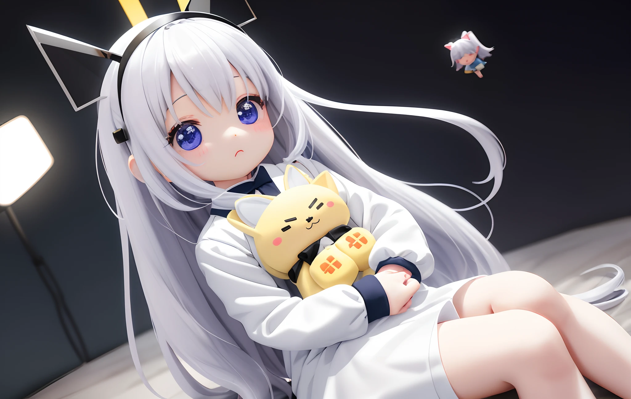 Pop Mart Blind Box IP、Close-up of cute white knight doll、Young One Angel Style、Wearing long, fluent clothes、Lop style、Poseline doll、Little people々。unreal enginee 5、Light 3D/C4D production: 8K HD quality/illuminating/Ultra detailed lens depiction 1.5、flawless、Chibi Background/cinematic。