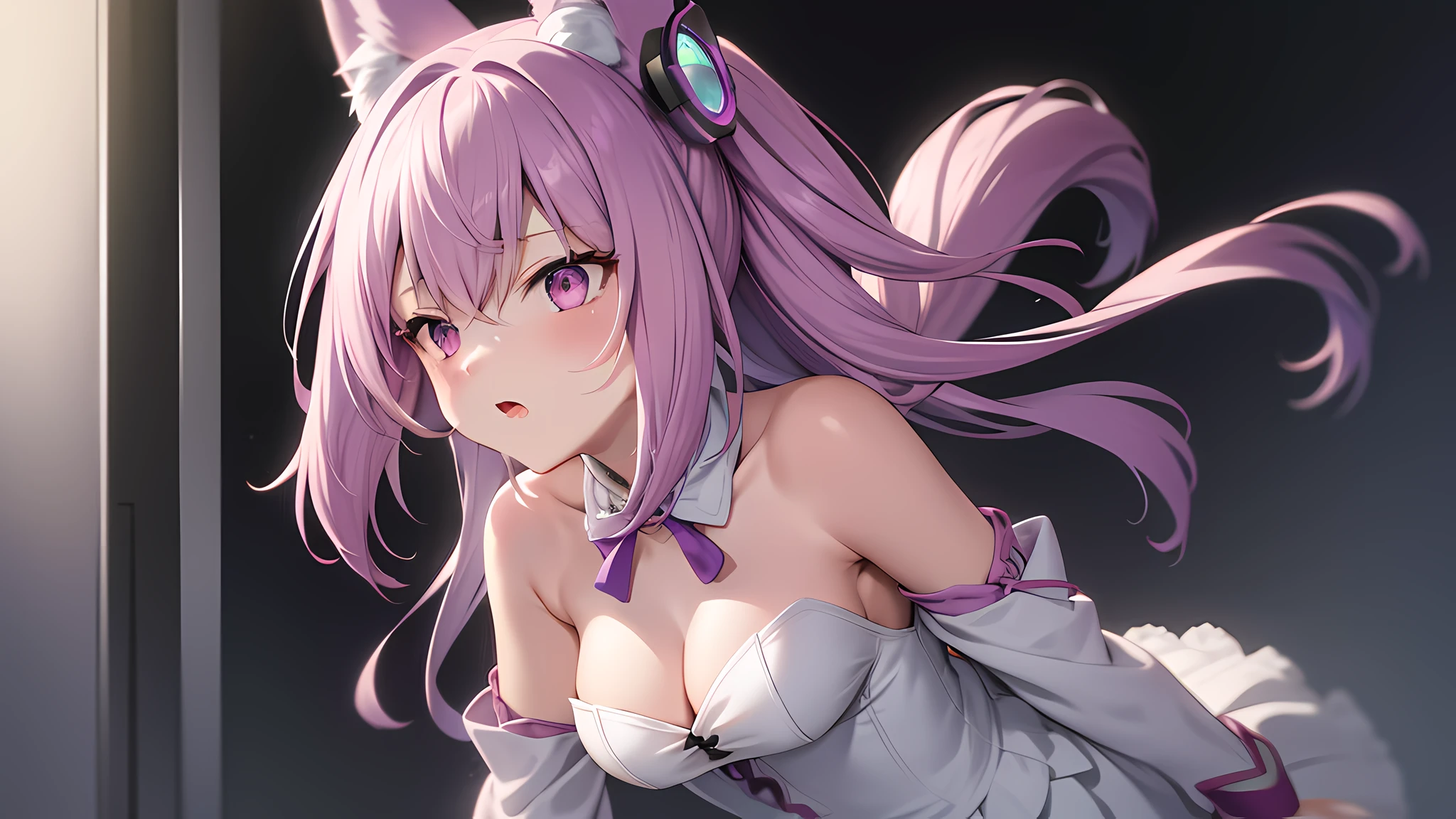 Light purple hair, hair over shoulders, Hair ribbon, Fox ears, mouth hold, saliva trail, romanticism lain, Cinematic lighting, Ray tracing, hyper HD, ccurate, Anatomically correct, Textured skin, High details, A high resolution, Best quality, Super detail,An anime girl
