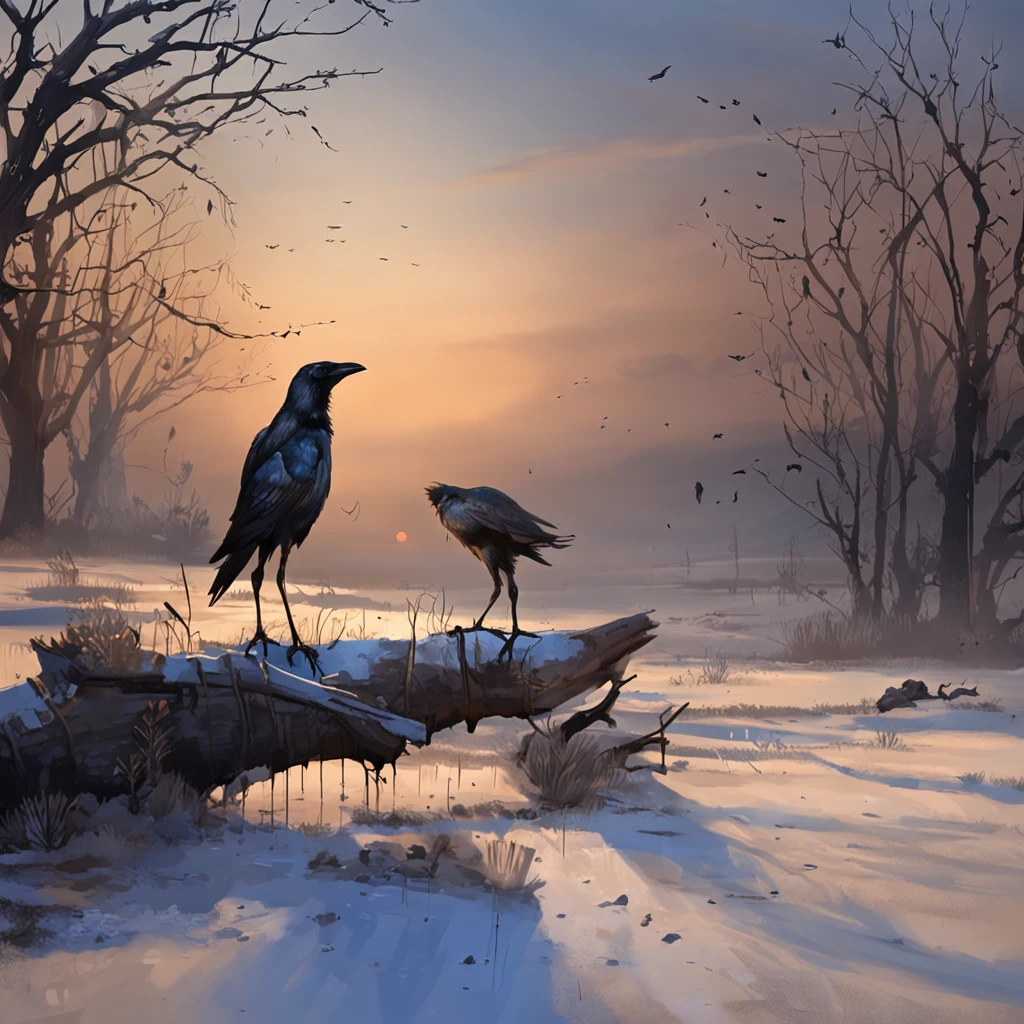 Two crows on a dead tree, A shadow shaped like a walker, Starry night, Thick fog on the ground, Blue light on the horizon, Unreal Engine 5, Cinematic, low angle photography, Motion blur, Depth of field, Dust, Cobblestones and dirt. Splash Art, dripping paint. Perfect color grading. Influenced by Karel Appel and Jeremy Mann, Full of dramatic and threatening scenes, Hyper-detailed, Beautiful, insanely details, Intricate details, editorial photography, shot with a 50mm lens, Depth of field, Tilt Blur, Shutter speed 1/1000, f/22. Lightmaps, Super bright