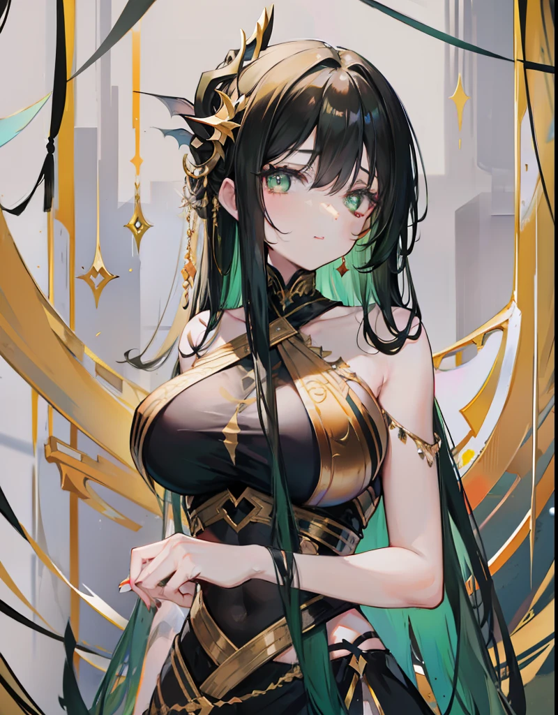 Long black straight hair,Dark green pupils,Gold and black clothes,Sexy big breasts,Beautiful fairy in the sky