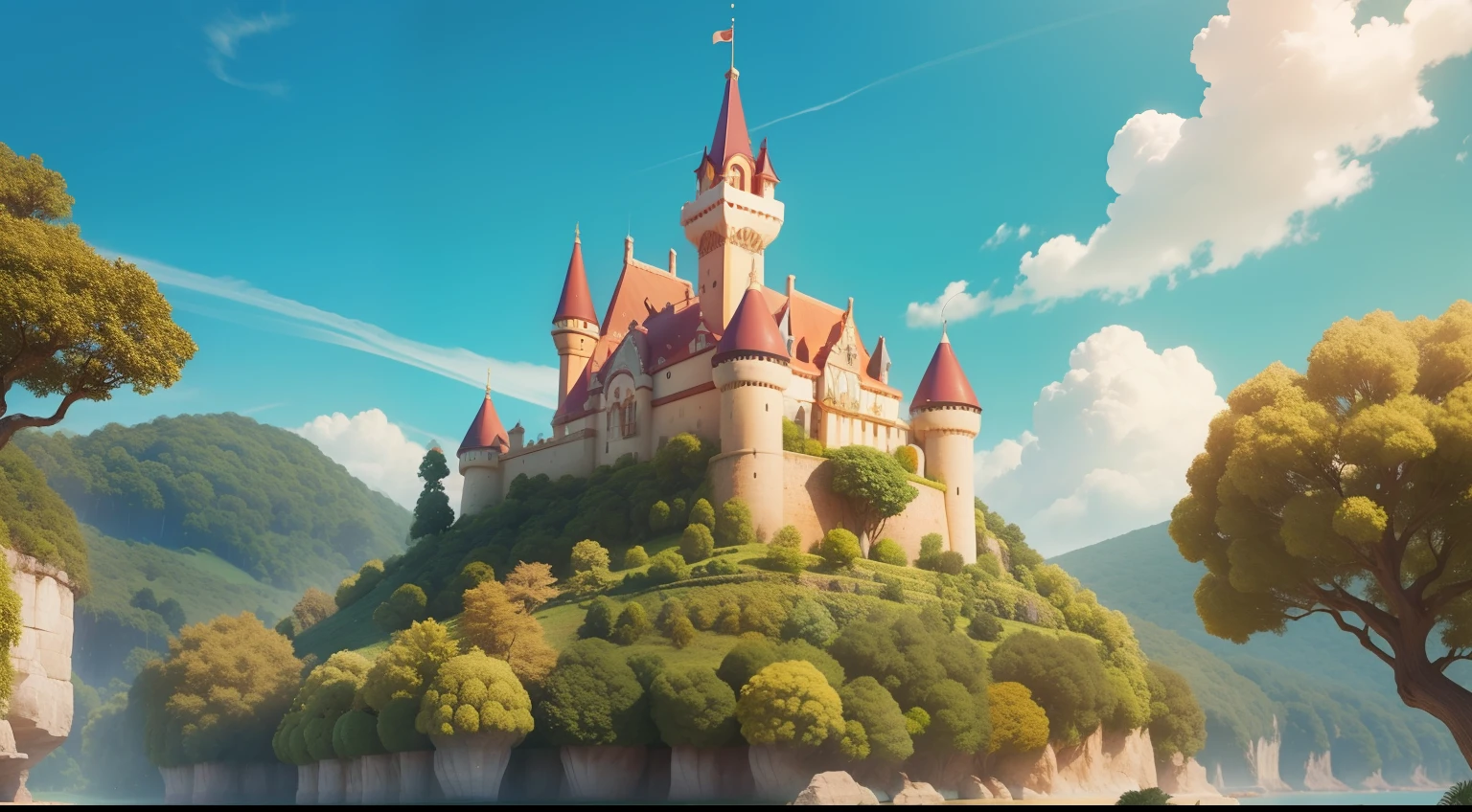 Um castelo nas terras de Saborea, um reino onde existe muitas frutas, estilo Pixar Disney , uma imagem bem bonita em um dia ensolarado