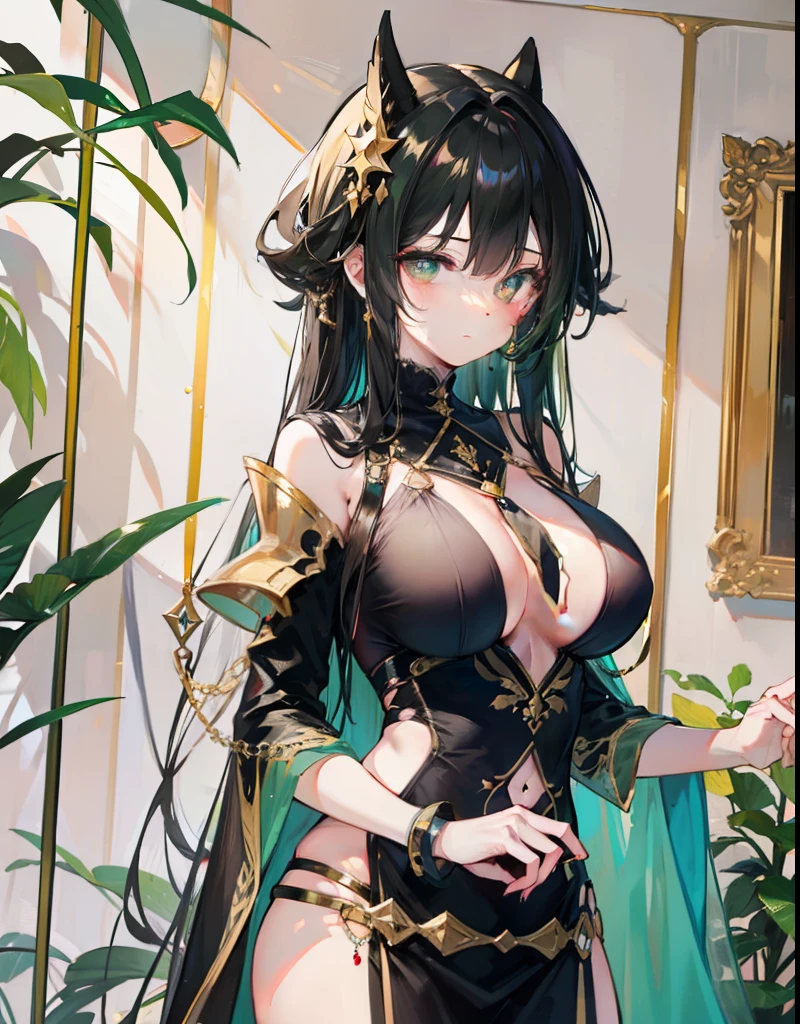Long black straight hair,Dark green pupils,Gold and black clothes,Sexy big breasts,Beautiful fairy in the sky