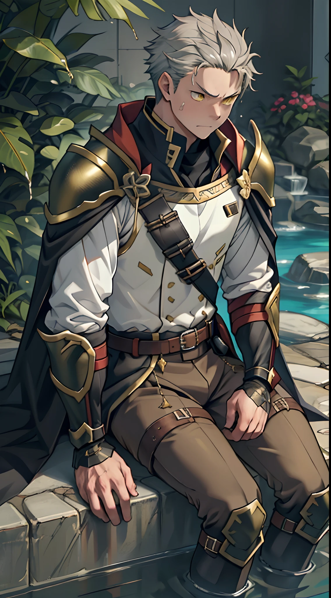 （1 Adult male），A high resolution， Sharp focus， Pixiv masterpiece， （（Complicated details））， highly  detailed， natsuki_subaru， 1 man，Wear combat uniforms，perfect male figure，Urine on the trouser leg， Nervously bow your head，is shy，embarressed，exhilarated，is shocked，panicking，worry，A pool of urine formed around him，Very eager to pee，Unbearable，Wet yourself，Urine discharge，full bodyesbian，sit astride，Tired，decadent， Yellow eyes（eyes glowing）， Short gray hair，White armor，Tie a belt，Cloaked，Cloak，Shoulder armor，perspire，Drenched，Get wet，pissing，urine flows down the pants，look from down
