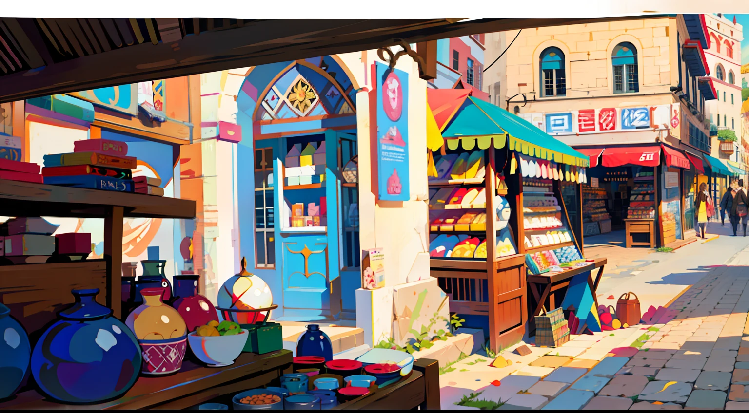RPG illustration,Q version,cartoony,Medieval bazaar,See the street from a first-person perspective,In the foreground is a stall full of porcelain,The middle view is a bustling and lively medieval street