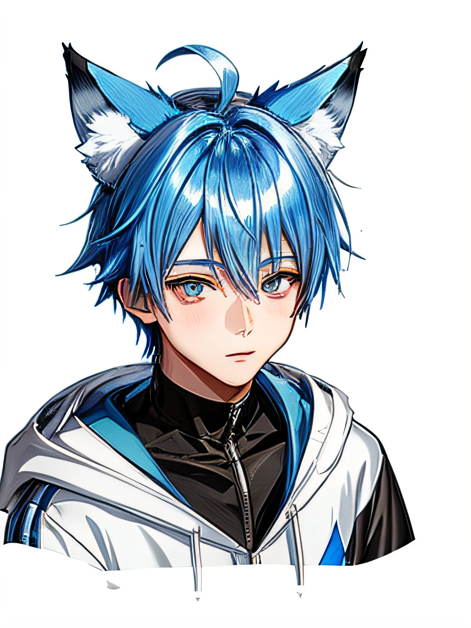 a close up of a boy with a blue hair and blue drooping fox ears wearing a white hoodie, anime style, closeup picture, sprite 2 d, anime vtuber closeup model, full head, upper half body