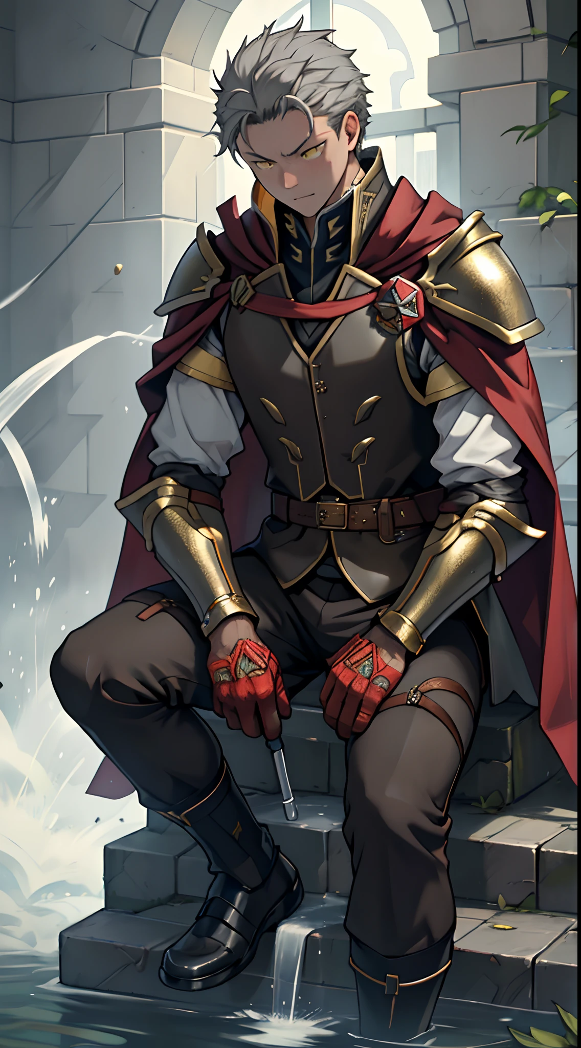 (1 Adult male),A high resolution, Sharp focus, Pixiv masterpiece, ((Complicated details)), highly detailed, natsuki_subaru, 1 man,Wear combat uniforms,perfect male figure,Urine on the trouser leg, Nervously bow your head,is shy,embarressed,exhilarated,is shocked,panicking,worry,A pool of urine formed around him,Very eager to pee,Unbearable,Wet yourself,Urine discharge,full bodyesbian,sit astride,Tired,decadent, Yellow eyes(eyes glowing), Short gray hair,White armor,Tie a belt,Cloaked,Cloak,Shoulder armor,perspire,Drenched,Get wet,pissing,urine flows down the pants,look from down