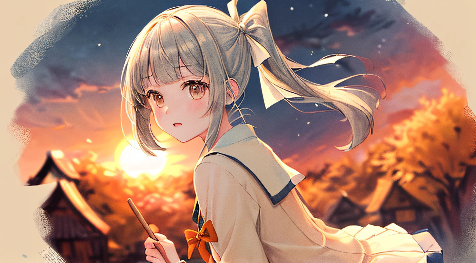 (​masterpiece、top-quality、Draw in detail、Delicate background、Detailed background）、Delicate background、1girl in、student clothes、poneyTail、White ribbon、serafuku、pleatedskirt、small yard、bonfire、autumnal、the setting sun、White cardigan、Colored leaves、