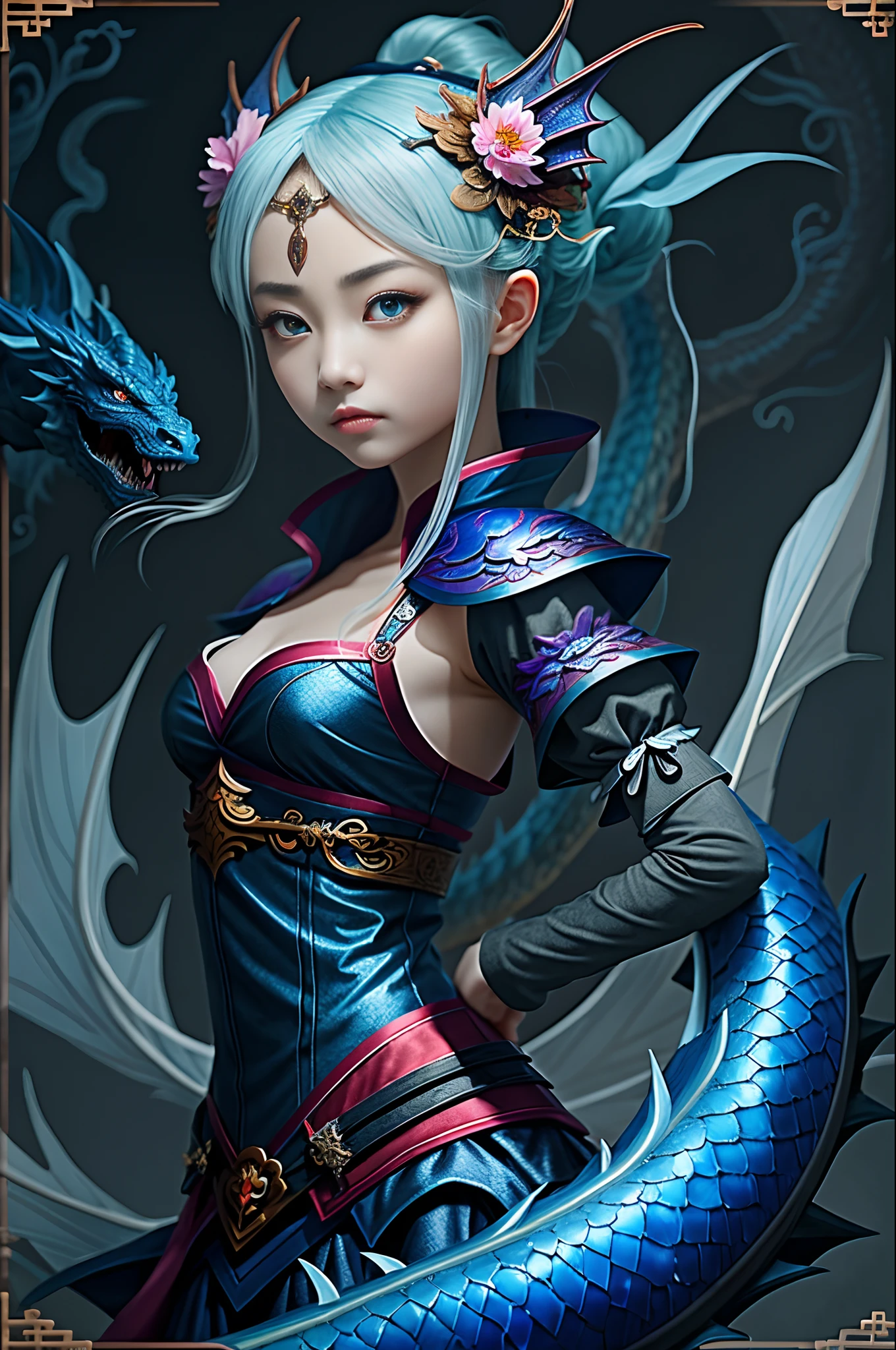 tmasterpiece，Need，Chinese fairy，1girl\(\)and the iris blue dragon，Chinese dragon pan glared at the girl，dark grey background，