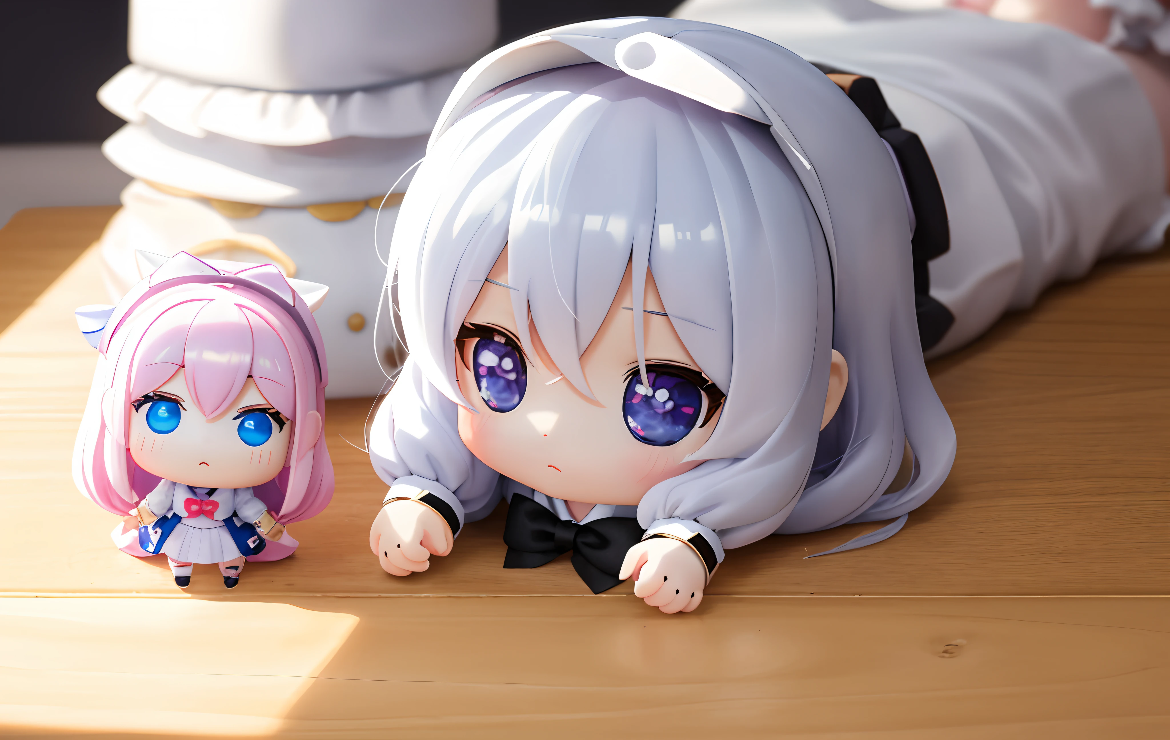 Pop Mart Blind Box IP、Close-up of cute white knight doll、Young One Angel Style、Wearing long, fluent clothes、Lop style、Poseline doll、Little people々。unreal enginee 5、Light 3D/C4D production: 8K HD quality/illuminating/Ultra detailed lens depiction 1.5、flawless、Chibi Background/cinematic。