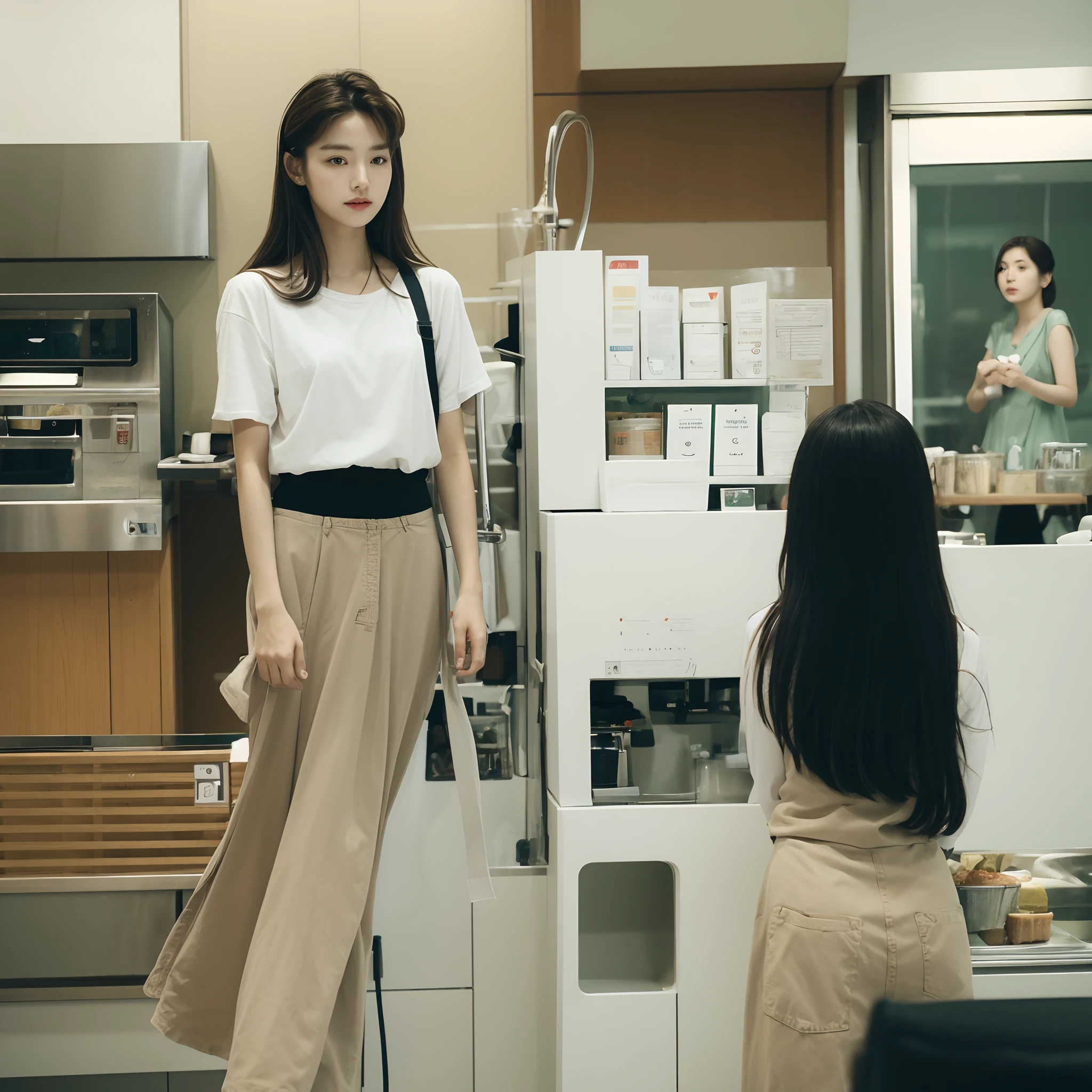 cafe shop,Coffee shop clerk,Photo of a Beautiful Korean kpop idol Woman, Summer, filmgrain,a color