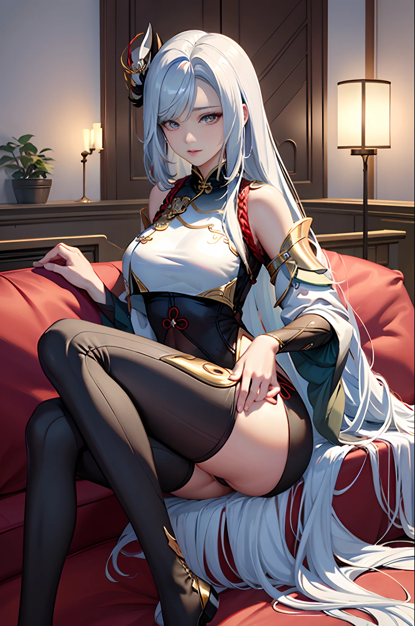 "(top-quality、tmasterpiece:1.2,Unity 16K wallpaper, Masterpiece, Best quality, super ultra detail, Extremely detailed CG, Caustics, Cinematic lighting, Detailed, Beautiful detailed eyes, Solo), 超高分辨率, Fine skin, s girl,long white hair、Smooth skin、Beautiful mouth、Smooth legs、busty figure,Black and white transparent close-fitting cheongsam,Moon,On the sofa,facing me,Tall and tall,Visible on the back,Butt visible,Lateral breasts are visible"