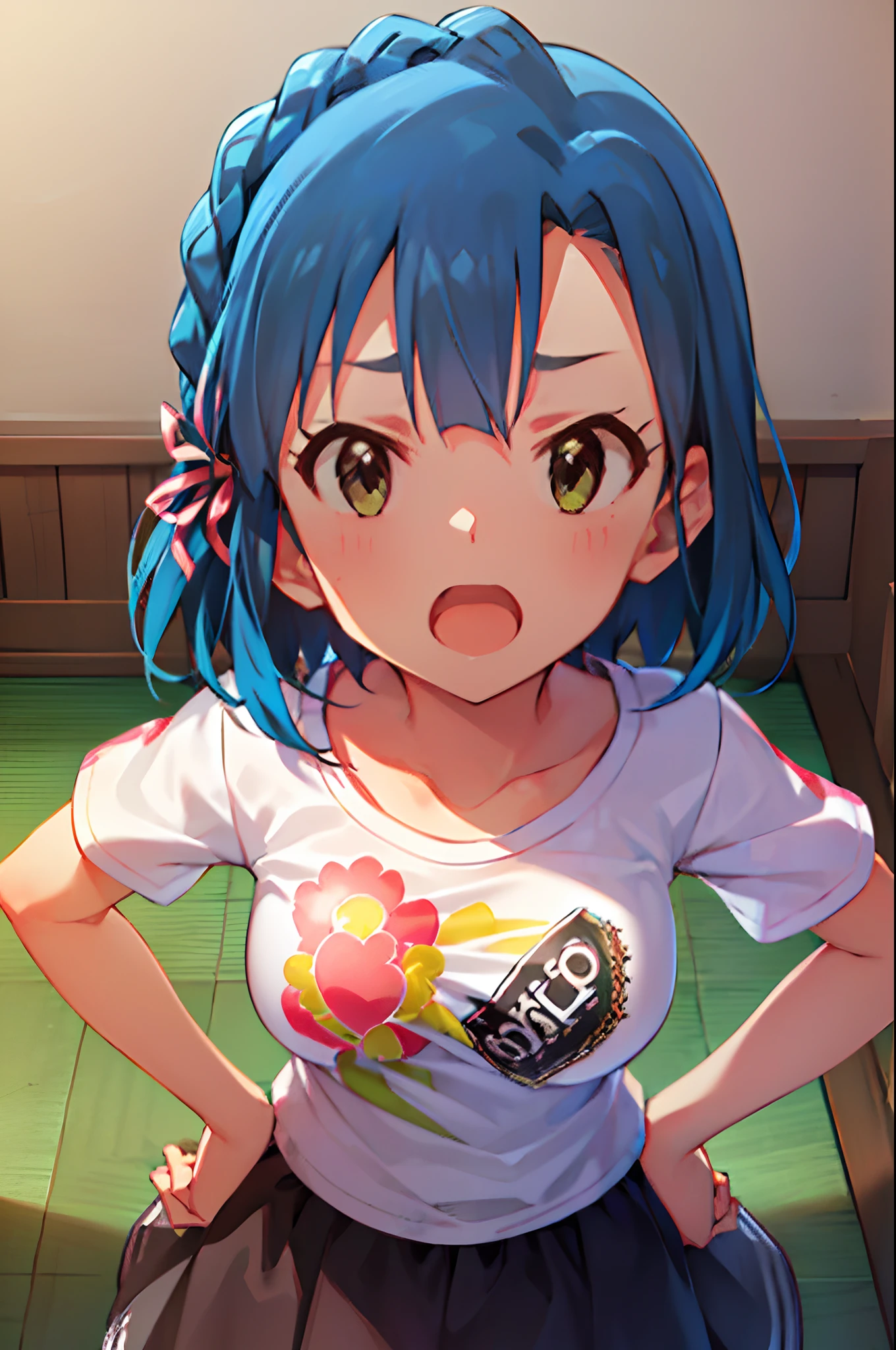 My happy honda, underwear, Seductive,big detailed breasts, short hair, by the cafe, blue eyes, excited
