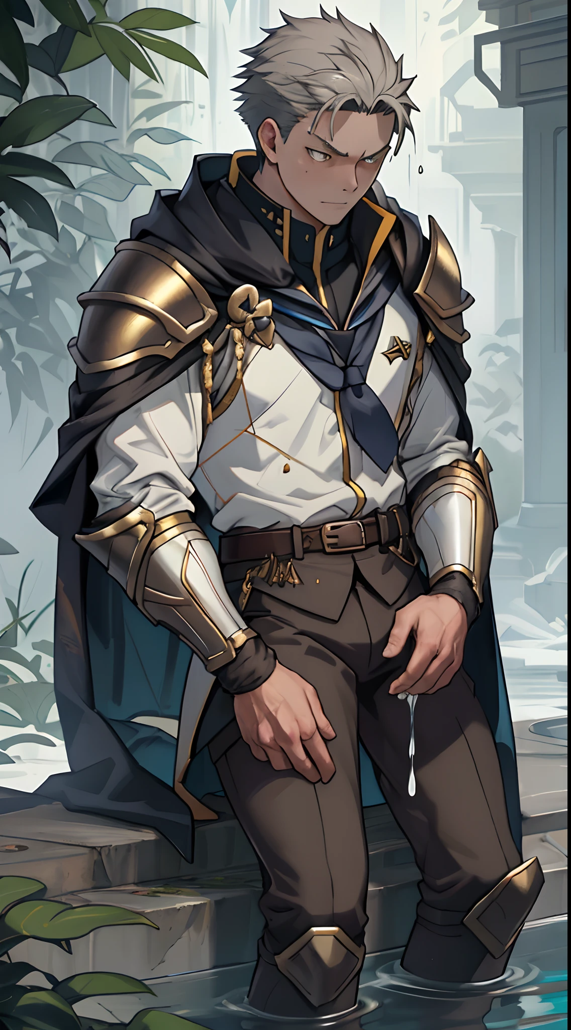(1 Adult male),A high resolution, Sharp focus, Pixiv masterpiece, ((Complicated details)), highly detailed, natsuki_subaru, 1 man,Wear combat uniforms,perfect male figure,Urine on the trouser leg, Nervously bow your head,is shy,embarressed,exhilarated,is shocked,panicking,worry,A pool of urine formed around him,Very eager to pee,Unbearable,Wet yourself,Urine discharge,full bodyesbian,sit astride,Tired,decadent, Yellow eyes(eyes glowing), Short gray hair,White armor,Tie a belt,Cloaked,Cloak,Shoulder armor,perspire,Drenched,Get wet,pissing,urine flows down the pants,look from down
