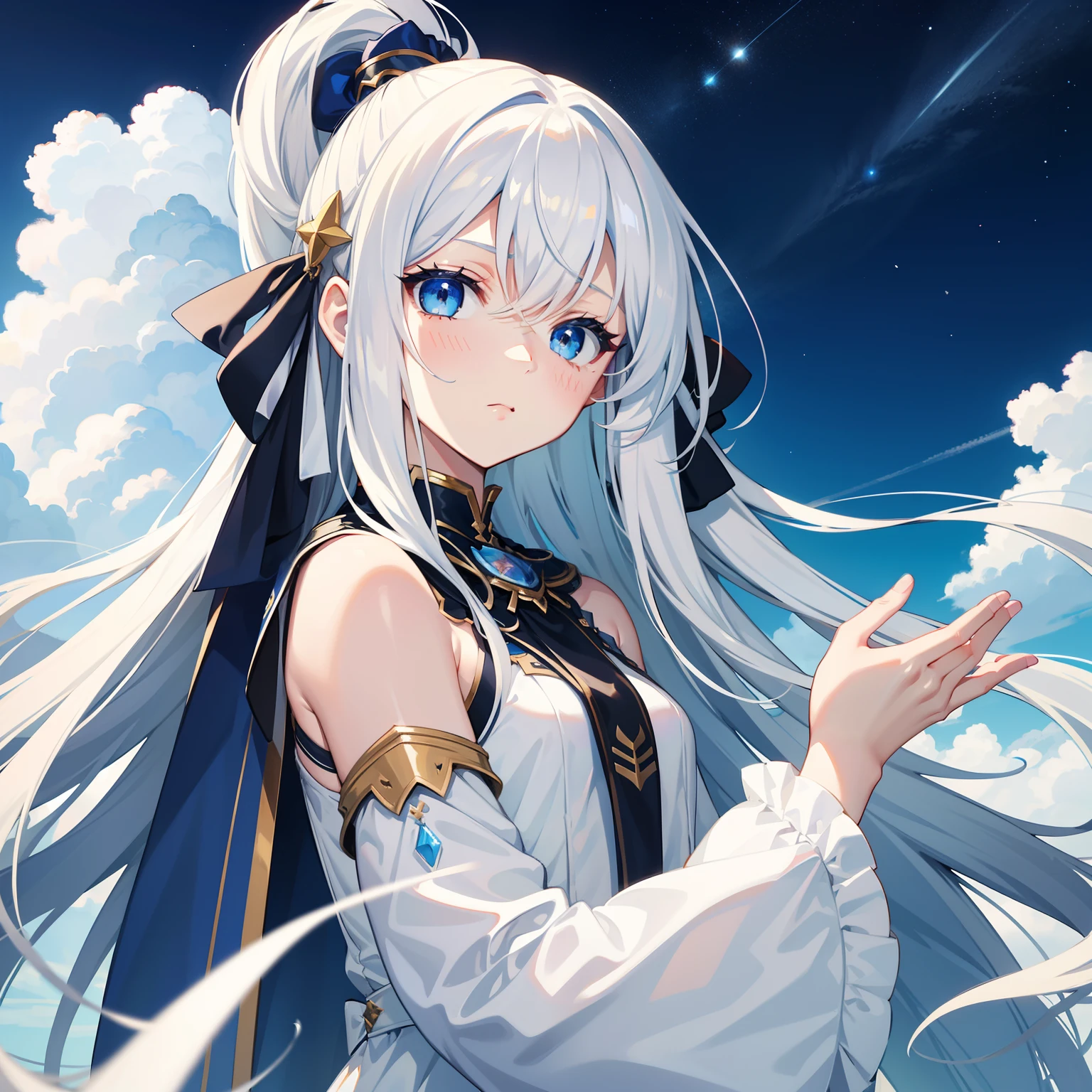 Extreme graphics,whaite hair,long whitr hair,s girl,sideface,Blue eyes,Flushed cheeks,is shy,Under the blue sky,Artistic picture,Facing the distance,Affectionate look,Bust,starrysky,White dress,Poor milk,Chestless clothing,Face to the right,Raised sexy,Tsundere