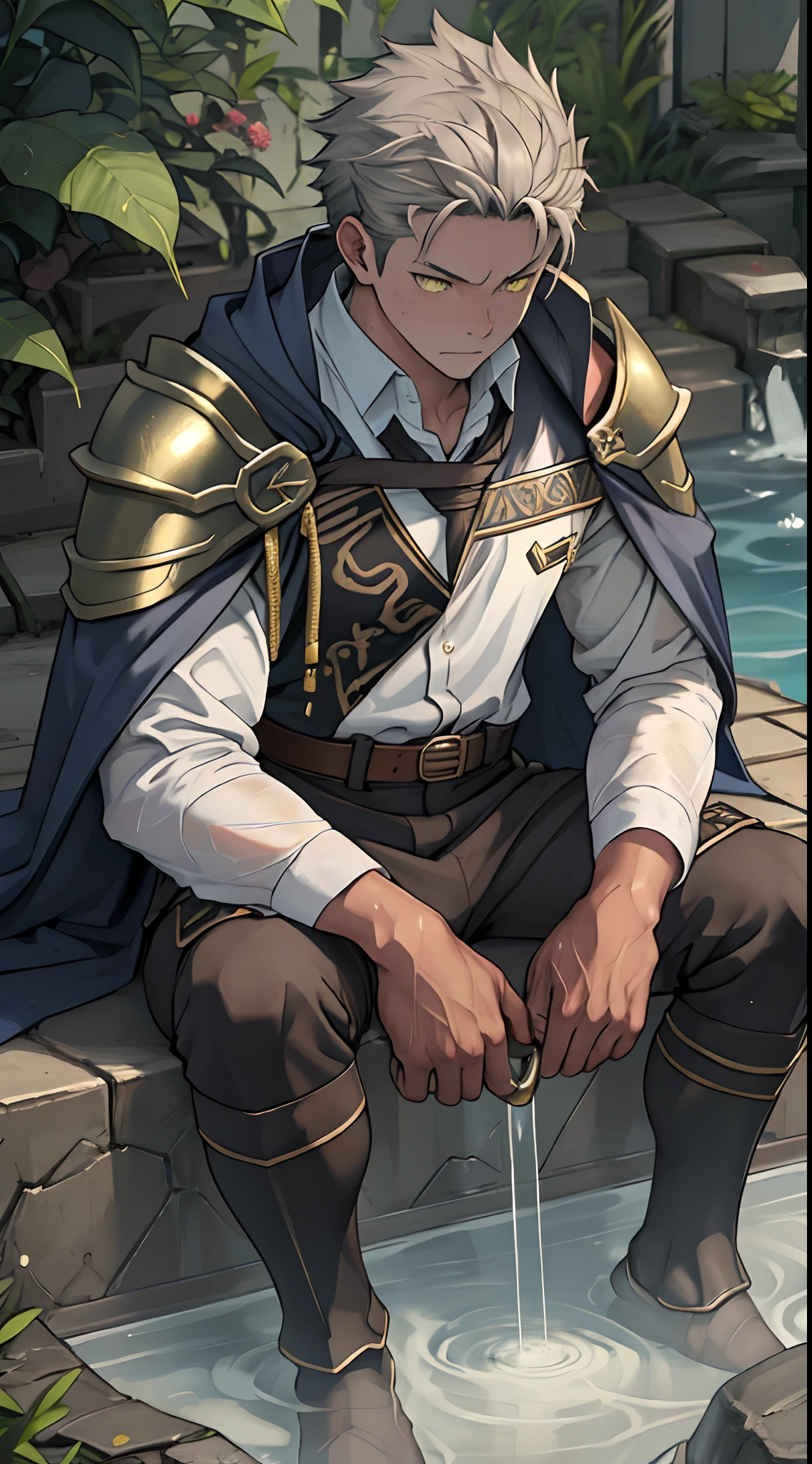 (1 Adult male),A high resolution, Sharp focus, Pixiv masterpiece, ((Complicated details)), highly detailed, natsuki_subaru, 1 man,Wear combat uniforms,perfect male figure,Urine on the trouser leg, Nervously bow your head,is shy,embarressed,exhilarated,is shocked,panicking,worry,A pool of urine formed around him,Very eager to pee,Unbearable,Wet yourself,Urine discharge,full bodyesbian,sit astride,Tired,decadent, Yellow eyes(eyes glowing), Short gray hair,White armor,Tie a belt,Cloaked,Cloak,Shoulder armor,perspire,Drenched,Get wet,pissing,urine flows down the pants,look from down