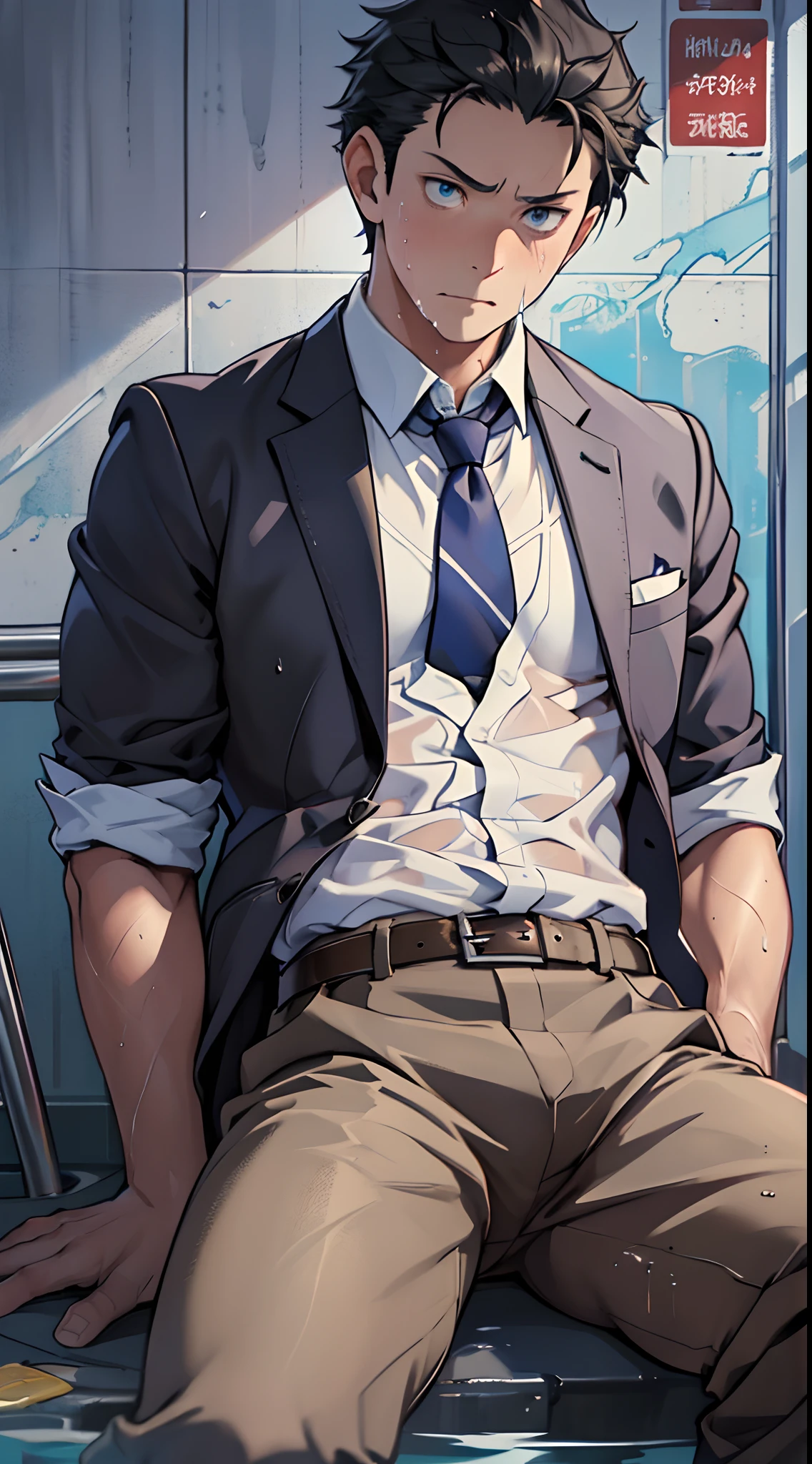 (1 Adult male),A high resolution, Sharp focus, Pixiv masterpiece, ((Complicated details)), highly detailed, natsuki_subaru, 1 man,perfect male figure,Urine on the trouser leg, Nervously bow your head,is shy,embarressed,exhilarated,is shocked,panicking,worry,A pool of urine formed around him,Very eager to pee,Unbearable,Wet yourself,Urine discharge,full bodyesbian,sit astride,Tired,decadent, blue color eyes(eyes glowing), Black hair short hair,white shirt,Wear a tie,Wear a belt,trousers,perspire,Drenched,Get wet,pissing,urine flows down the pants,look from down