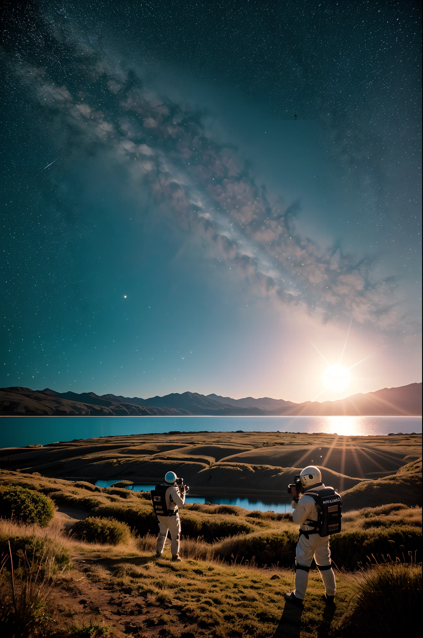 A man in a space suit standing on a lawn by a lake watching the sunset, noite de ceu estrelado nebulosas de galaxias, fantasia. .( The sunset with two suns), " foto 8k, HDR, cinematic quality 10Mp and 10MB, absurd resolution, (Brilho noturno com muitas estrelas brilhantes), lente grande angular, filming at night, filme positivo, Estilo naturalista, High Definition Footage. --auto
