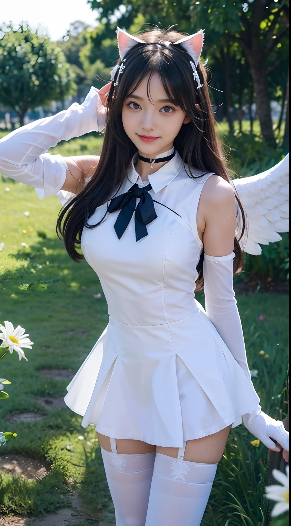 (((masterpiece))), (((best quality))),(extreme CG unity 8k wallpaper),anime, minigirl,cute,kawali,blue eyes,(beautiful detailed eyes),(white long hair):1.2,(white cat ears):1.2,large breast,hair_ornament,(white stockings):1.5, white flowers,choker,collar,(white cat tail):1.5,angel wings,ruins,flowers field,eyeball,(slit pupils):1.5,blush,thigh strap,(halo),ahoge,hair ribbons,primary school uniform,short mini skirt,panty,fingersmile,maid,gloves ,floating hair,dynamic angle,,