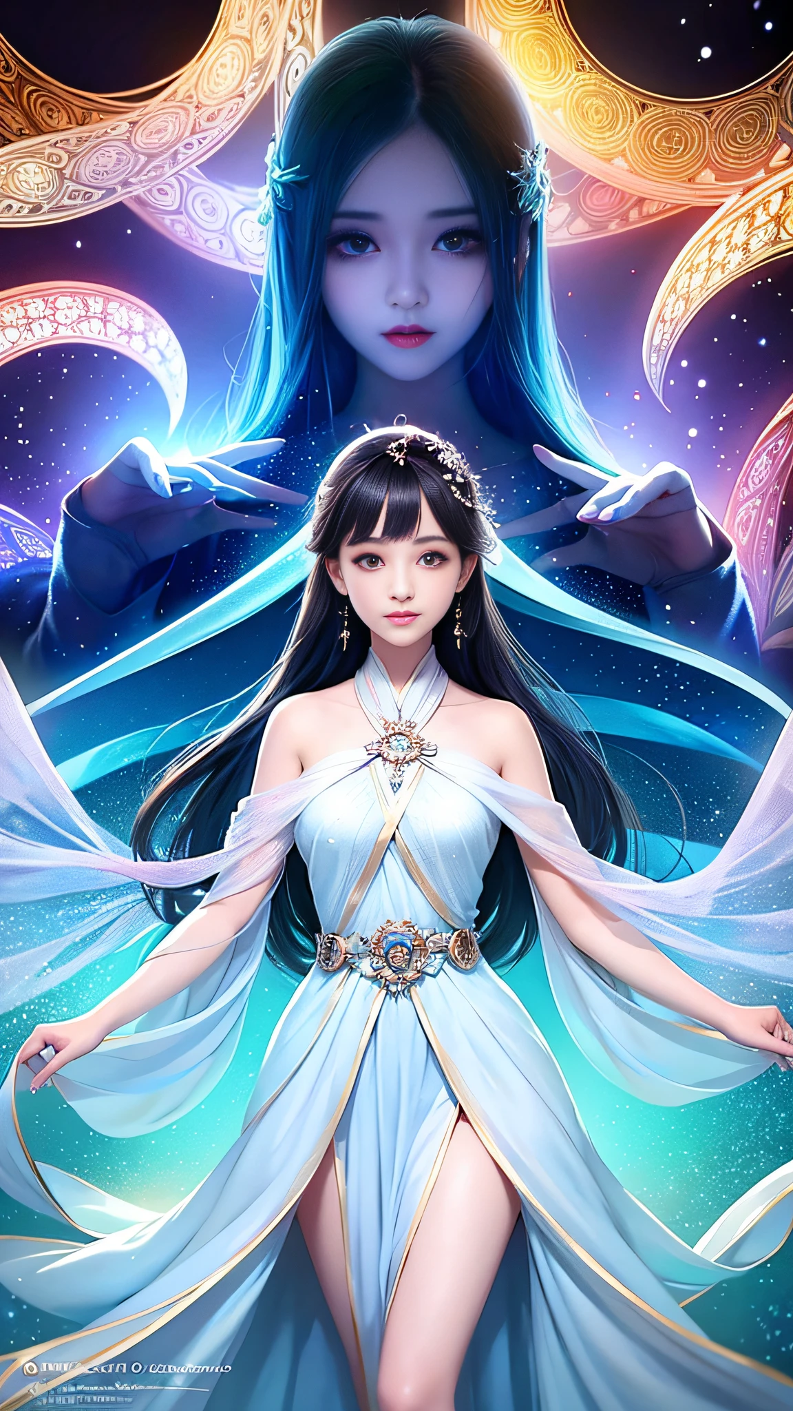 masterpiece, best quality, julia fe,  1girl, solo, long hair, looking at viewer, blush, smile, negative space, (bioluminescence:1.2), darkness, dark background, long sleeves, dress, bare shoulders, medium breasts, very long hair, wide sleeves, cape, white dress, circlet