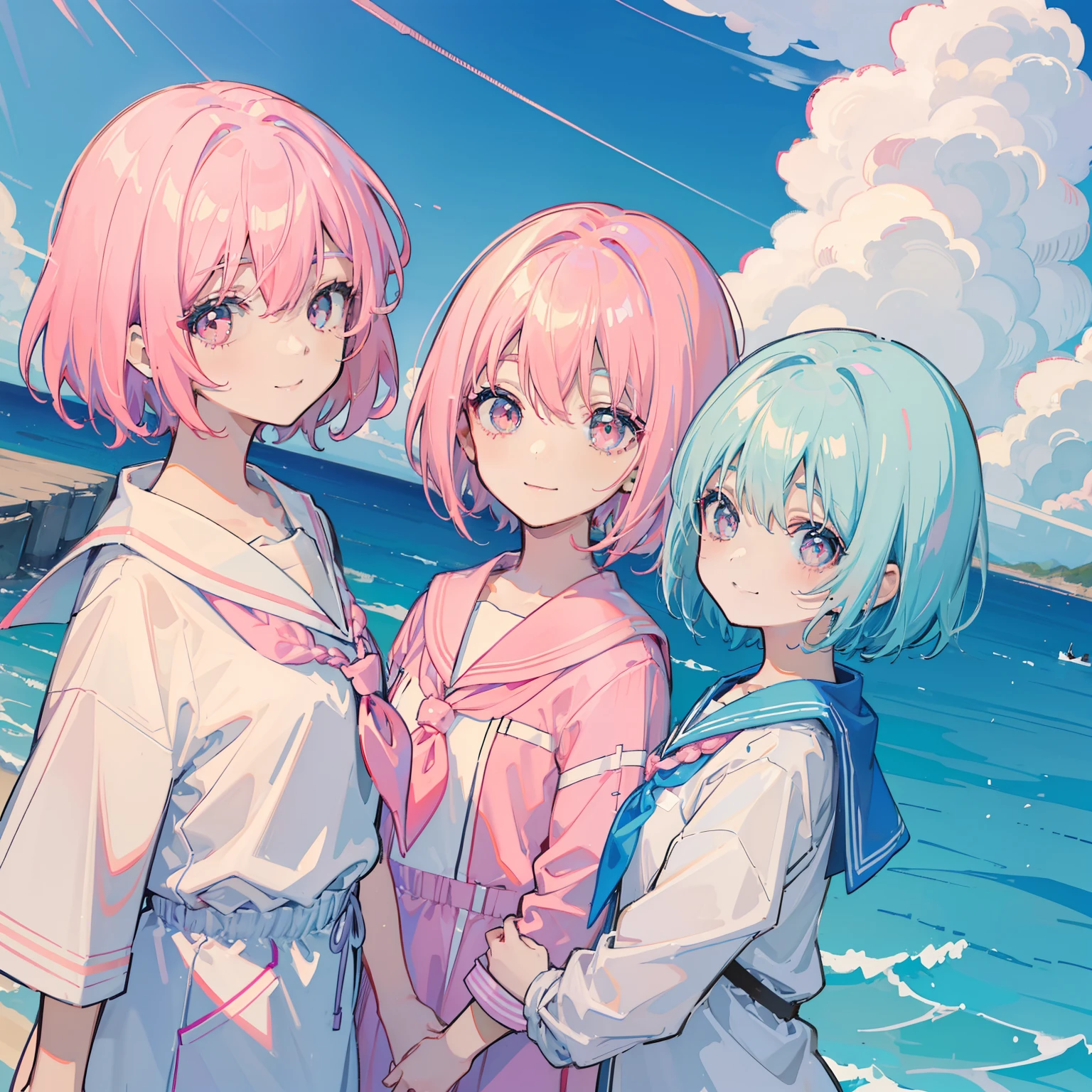 a smile、Pastel pink hair、Pastel blue hair、short-hair、Braids、2guys、2 girls in、looking at the viewers、girl with、a sailor suit、Red sailor suit、Crystal clear white skin