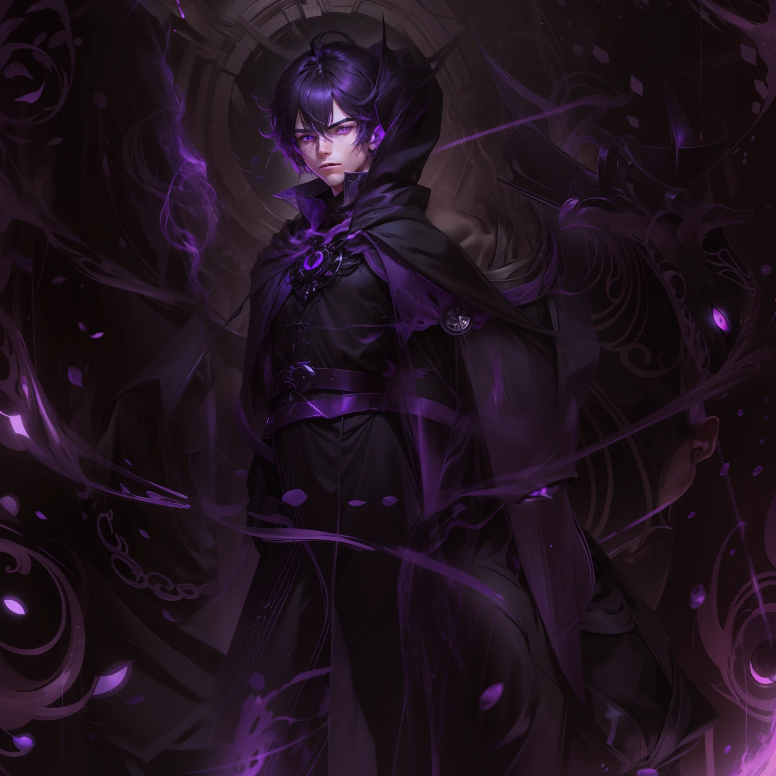 male people,short detailed hair ,hair straight,whaite hair ,Purple eyeballs ,Purple eye,Black hood,Black cape, black-clad,Black pants
